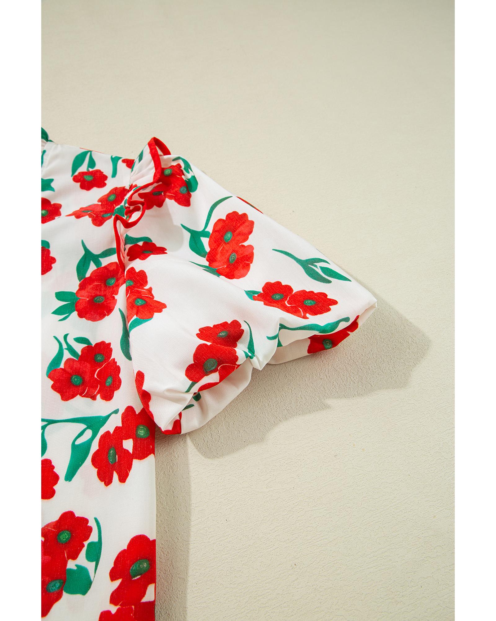 Red Floral Print Ruffled Puff Sleeve Elegant Summer Shirt - S