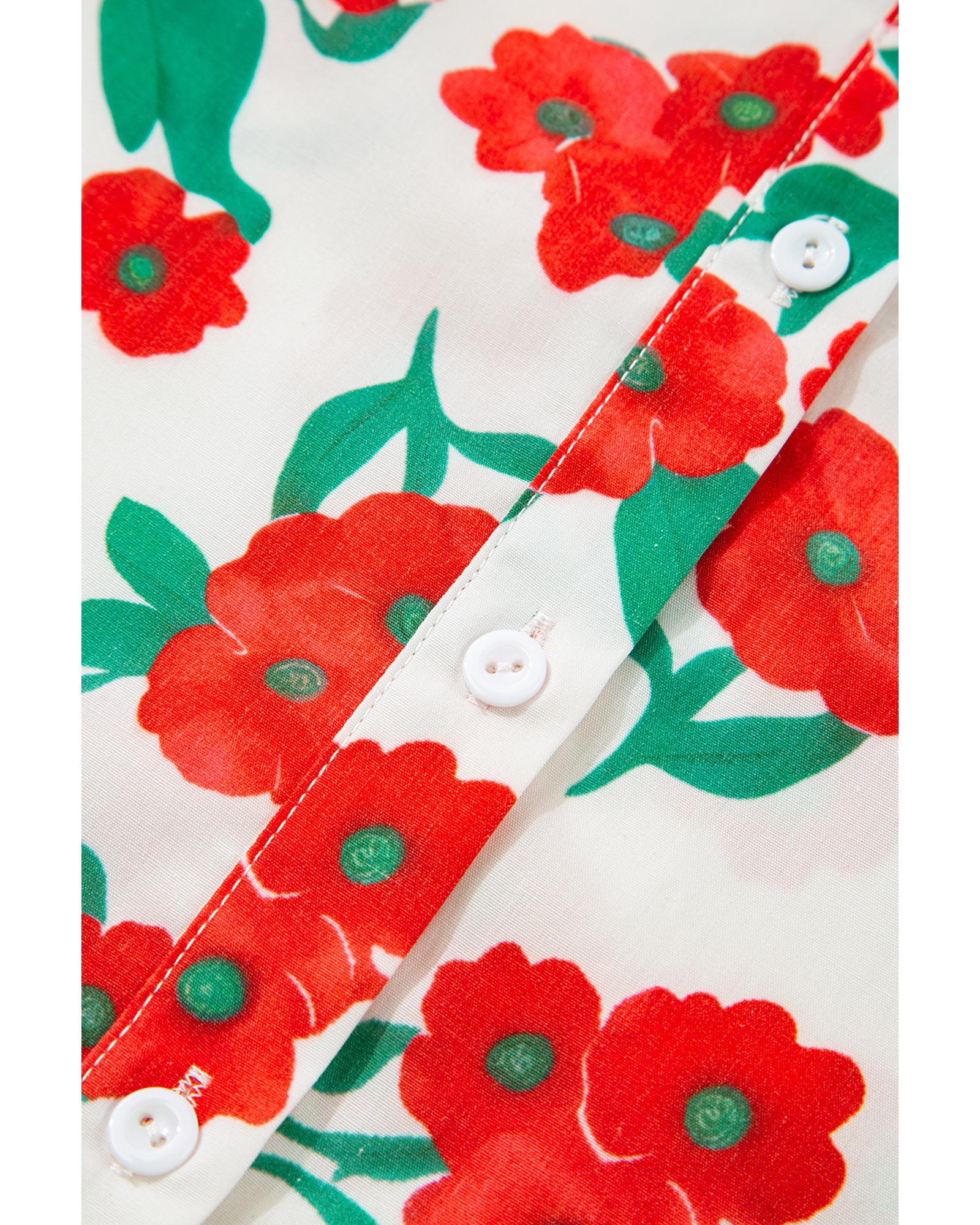 Red Floral Print Ruffled Puff Sleeve Elegant Summer Shirt - S
