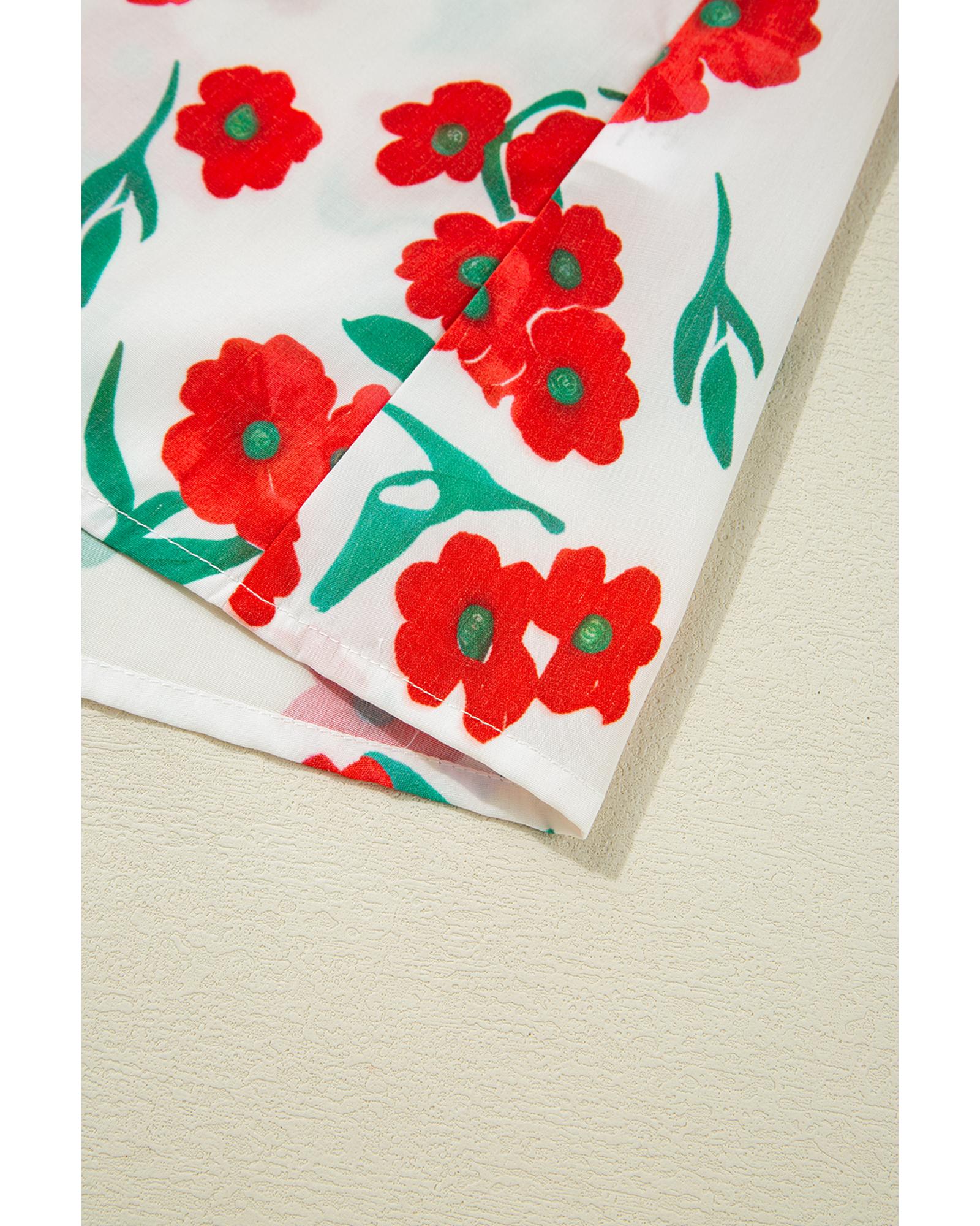 Red Floral Print Ruffled Puff Sleeve Elegant Summer Shirt - S