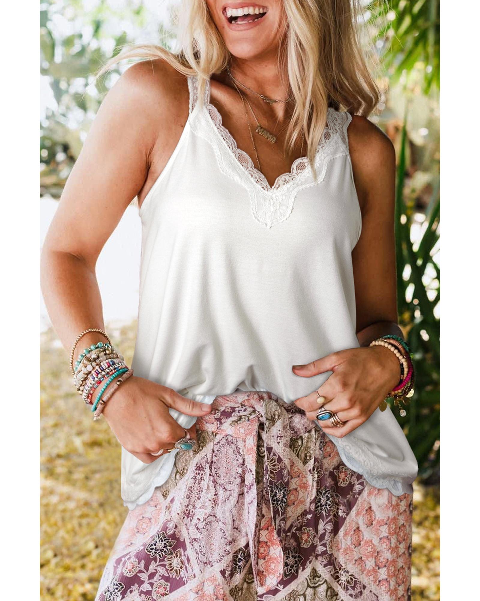 White Delicate Lace Trim Flared Tank Top - M