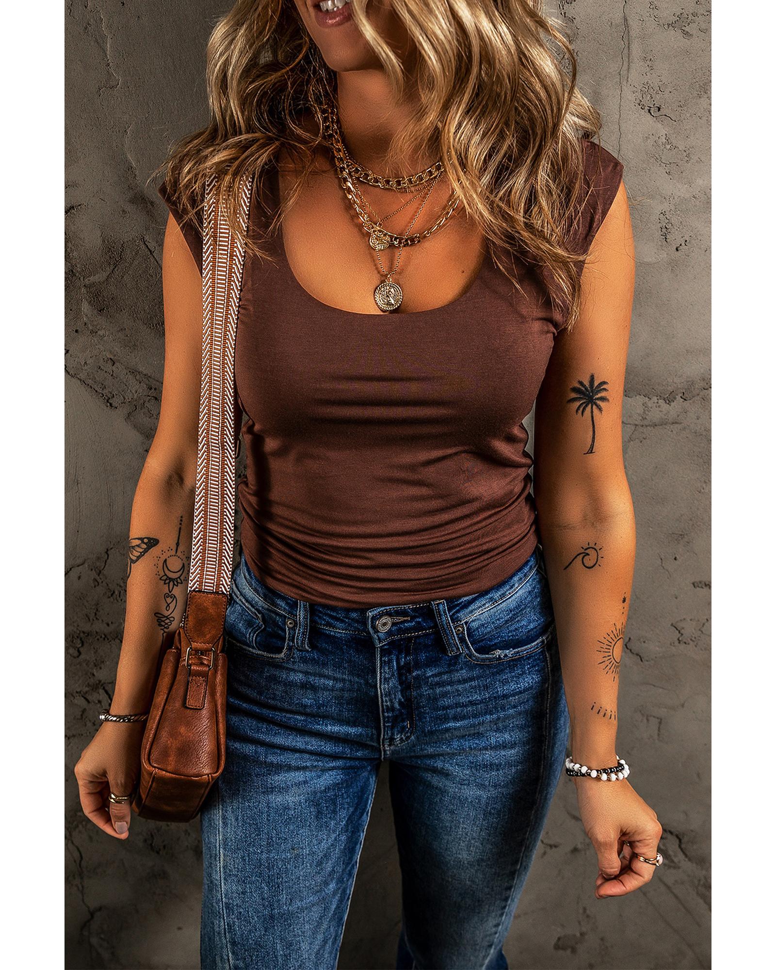 Coffee Solid Color U Neck Slim Fit Tank Top - M