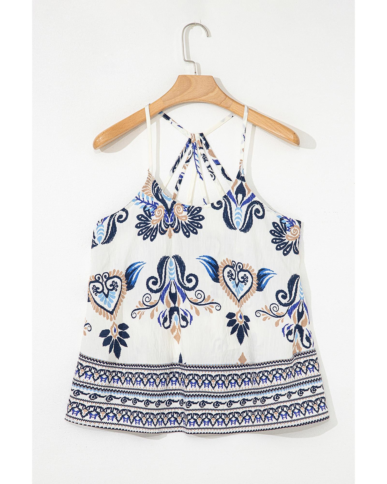 Blue Bohemian Fashion Print Spaghetti Straps Loose Tank - L