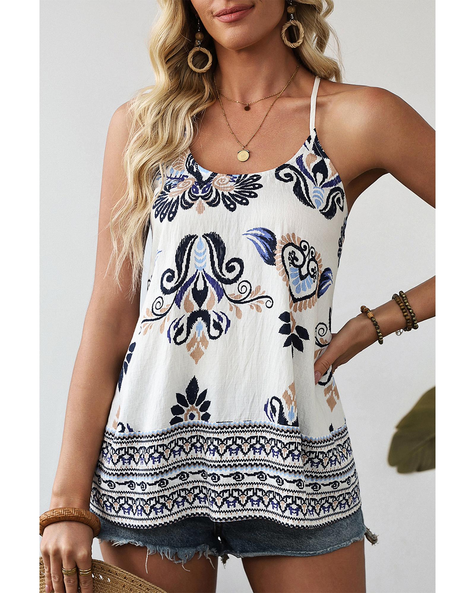 Blue Bohemian Fashion Print Spaghetti Straps Loose Tank - S