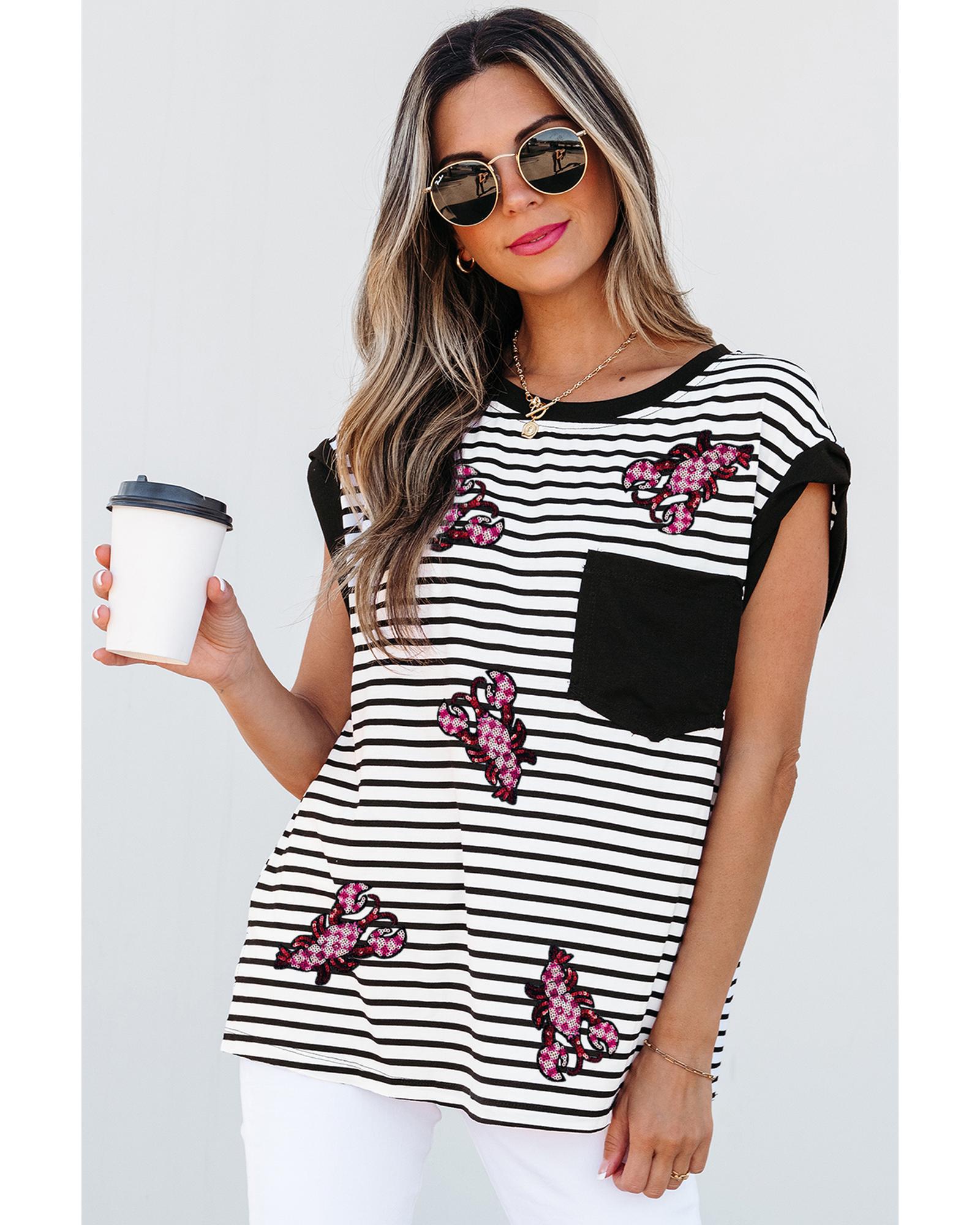 Black Stripe Sequined Lobster Patched Pocket Casual Tank Top - XL