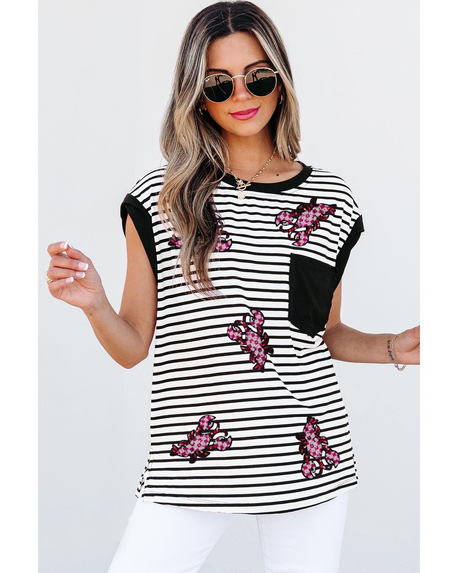 Black Stripe Sequined Lobster Patched Pocket Casual Tank Top - XL