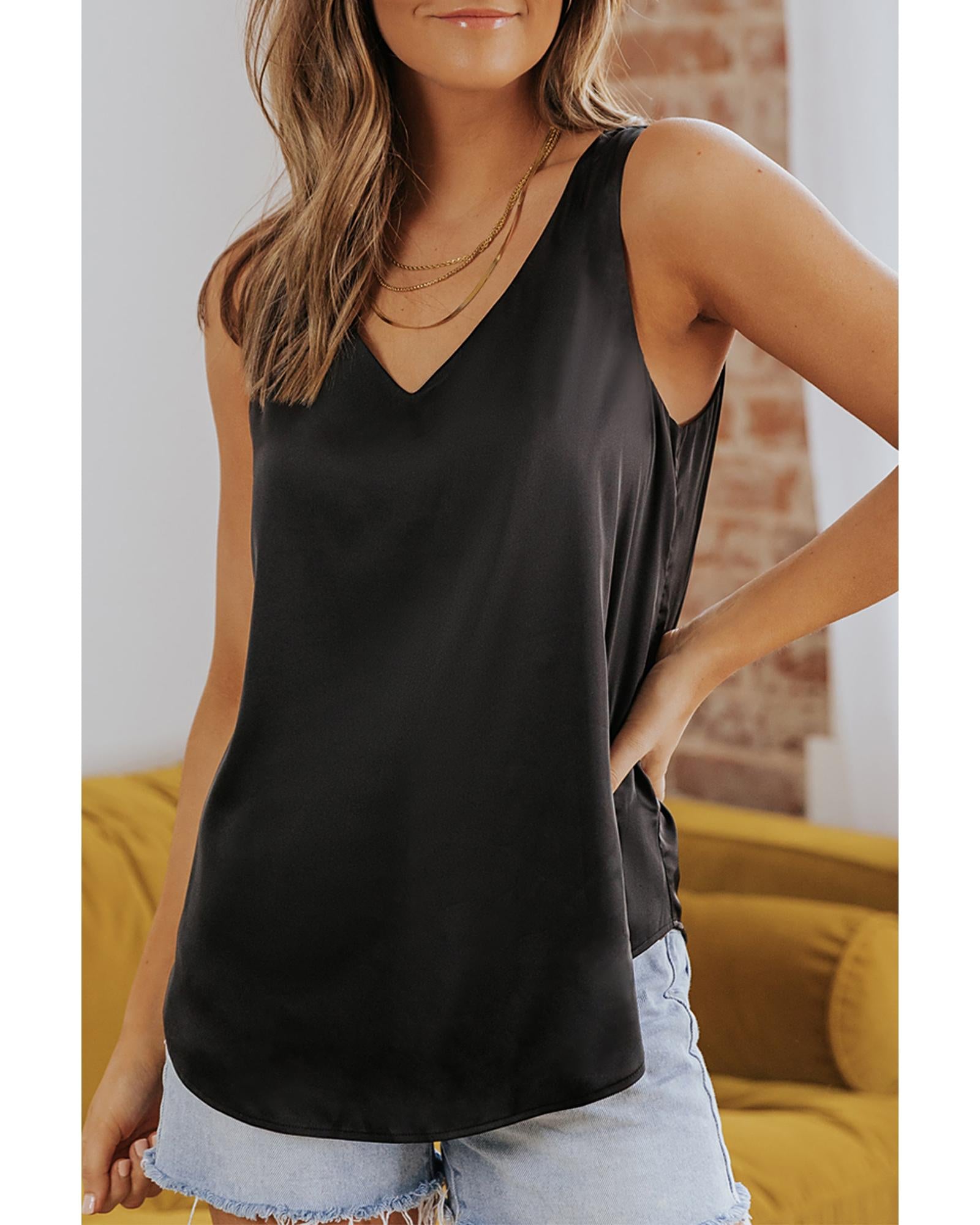 Black Deep V Neck Loose Tank Top - S