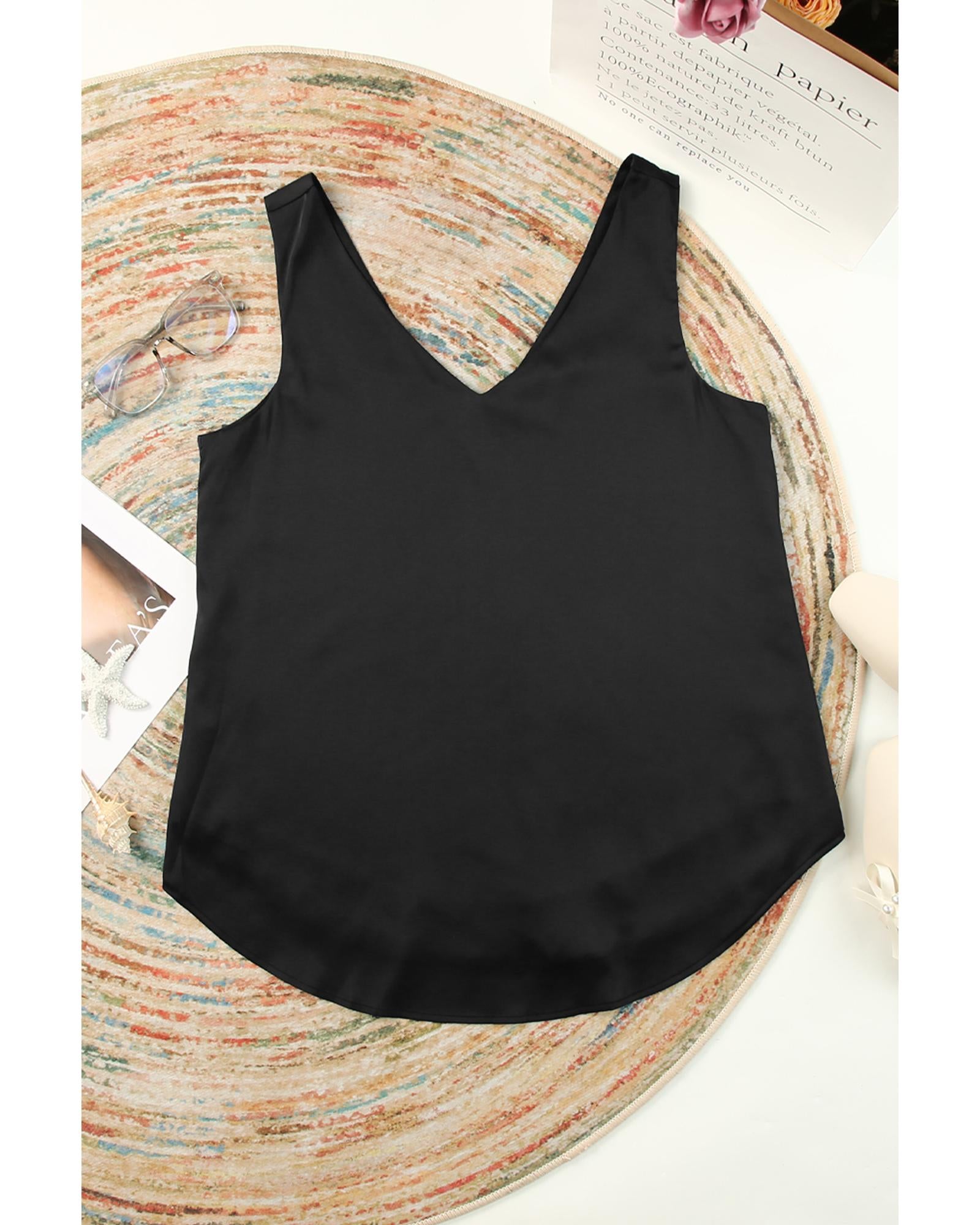 Black Deep V Neck Loose Tank Top - S