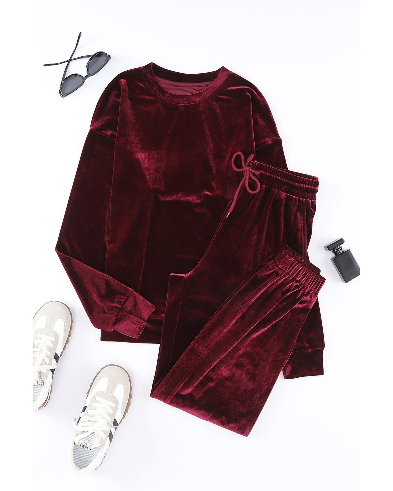 Fiery Red Solid Velvet Two Piece Lounge Set - L