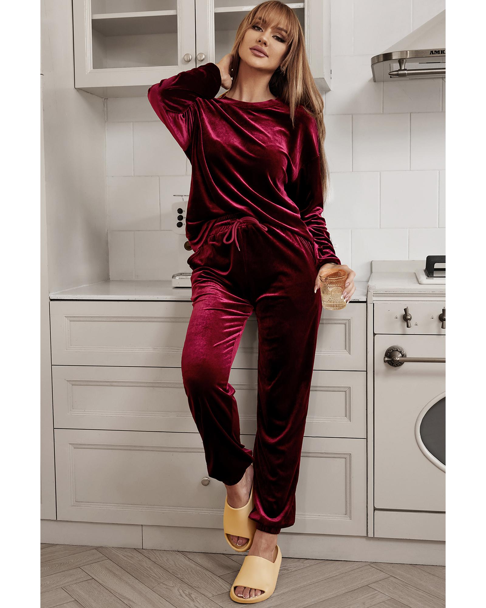 Fiery Red Solid Velvet Two Piece Lounge Set - L