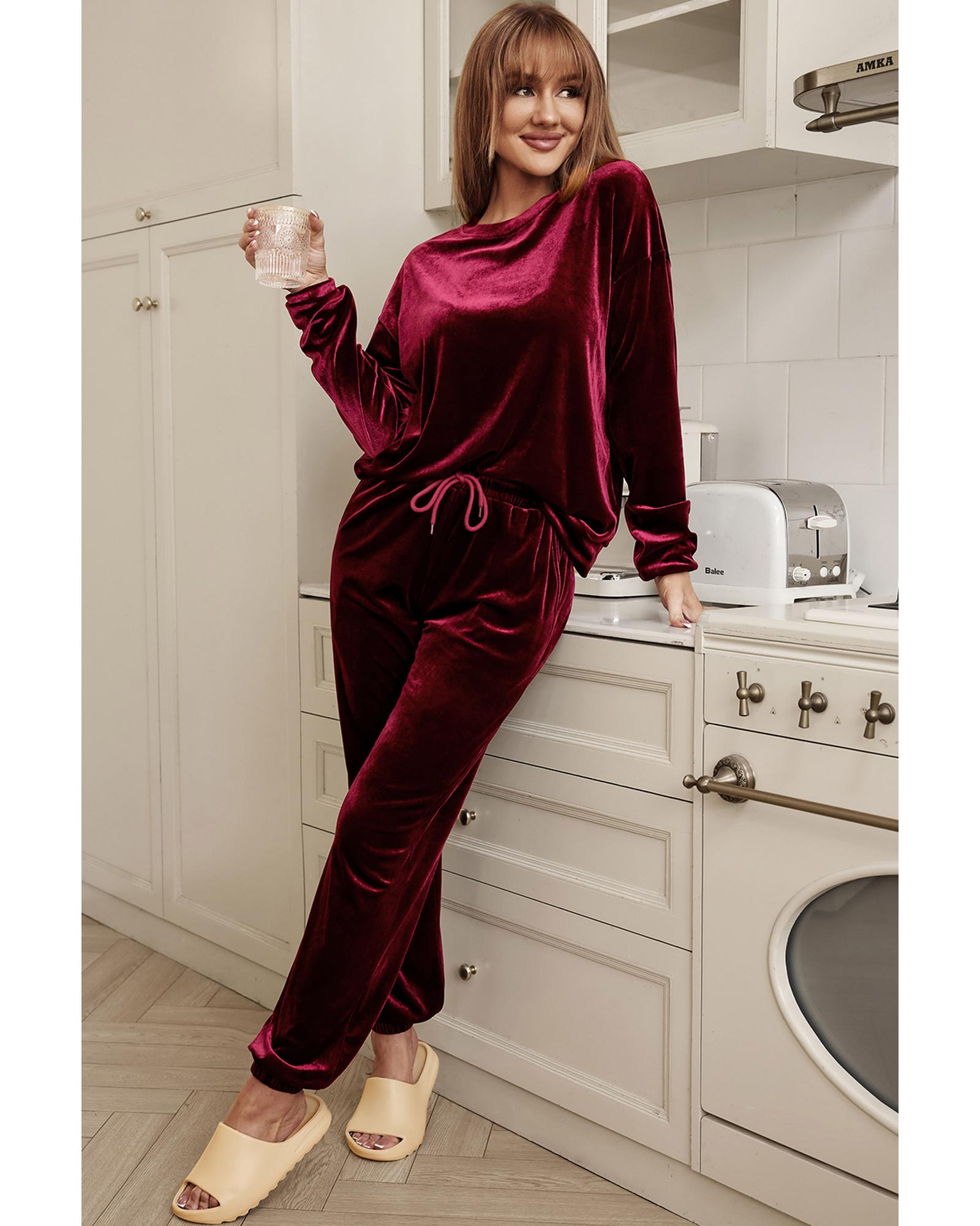 Fiery Red Solid Velvet Two Piece Lounge Set - XL