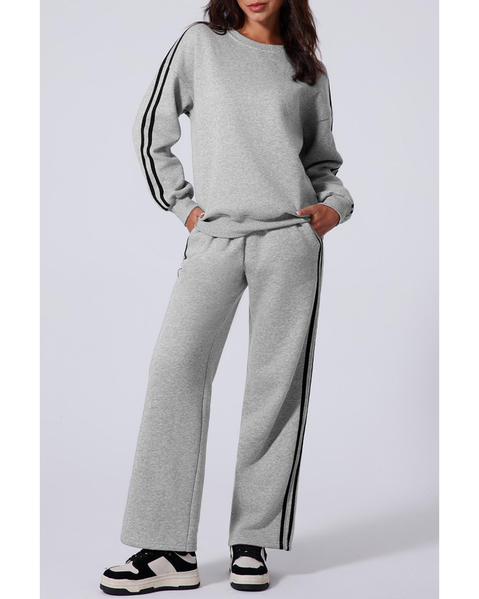 Light Grey Solid Color Side Striped Sweatshirt Active Set - L