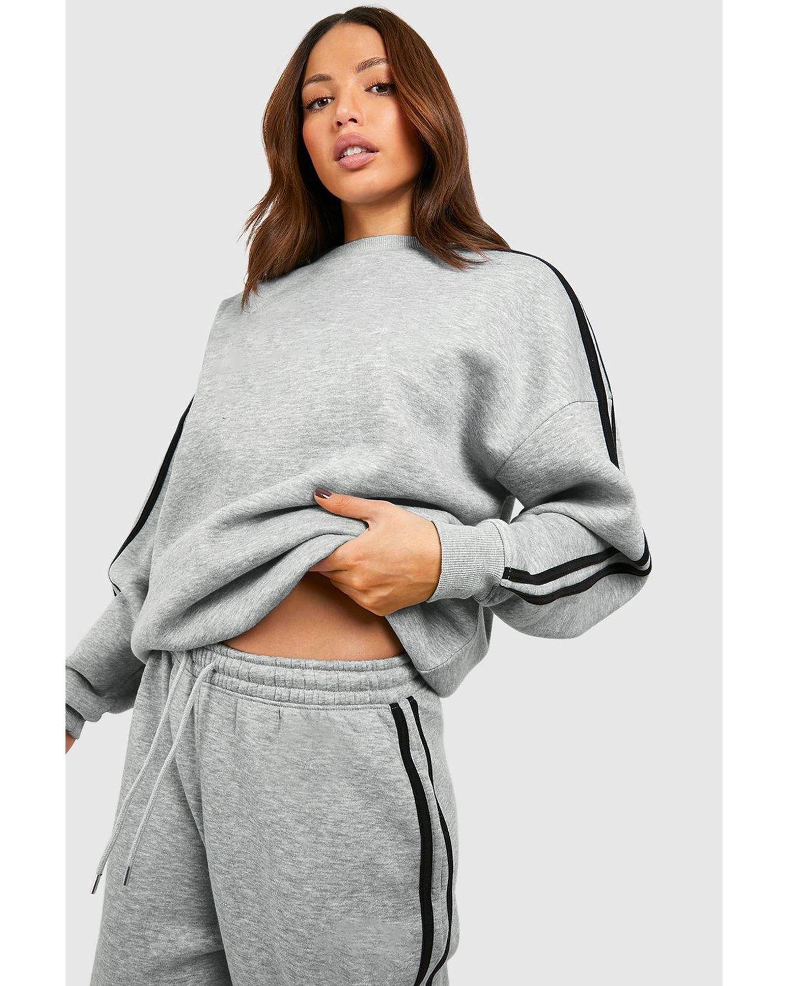 Light Grey Solid Color Side Striped Sweatshirt Active Set - M