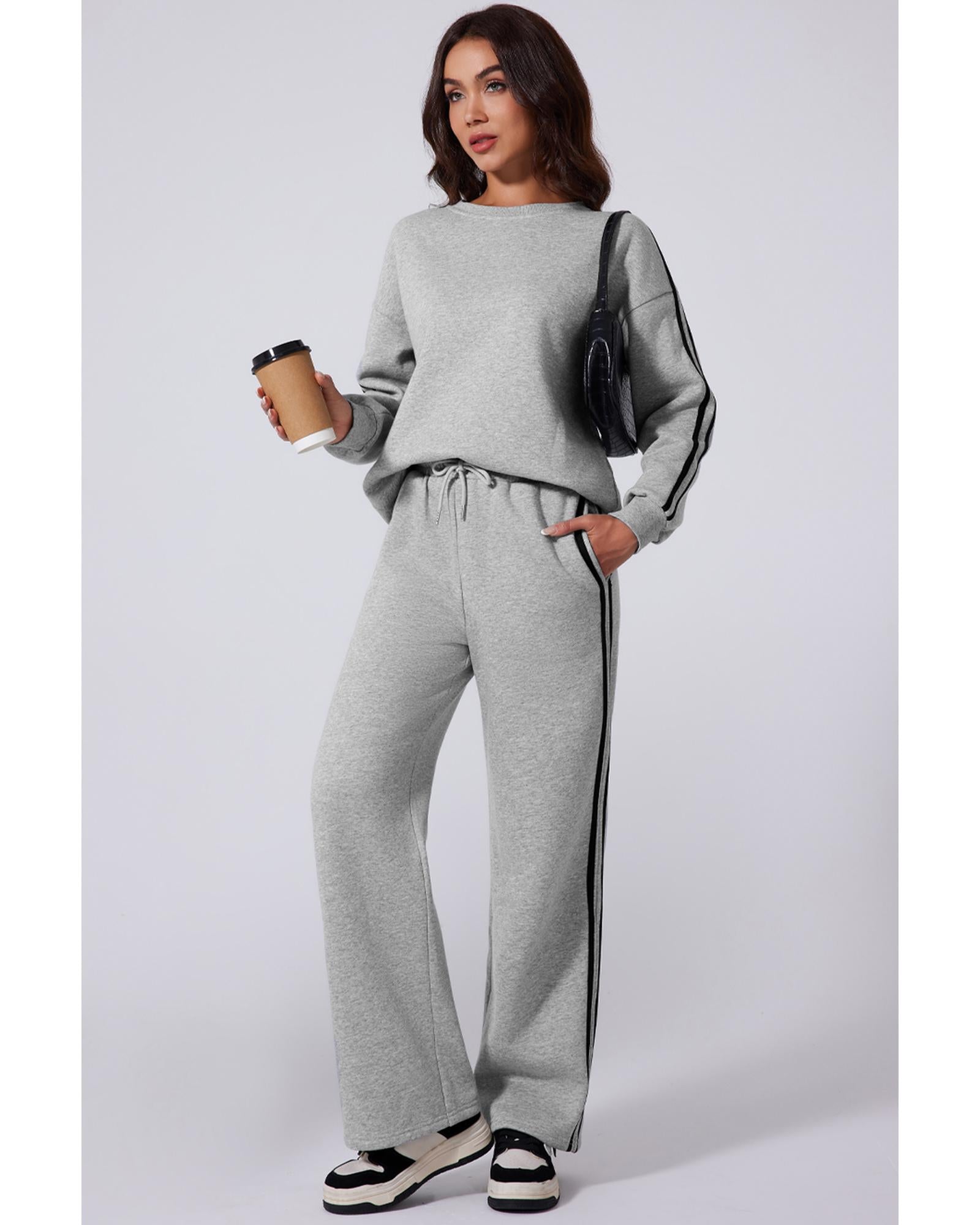 Light Grey Solid Color Side Striped Sweatshirt Active Set - XL