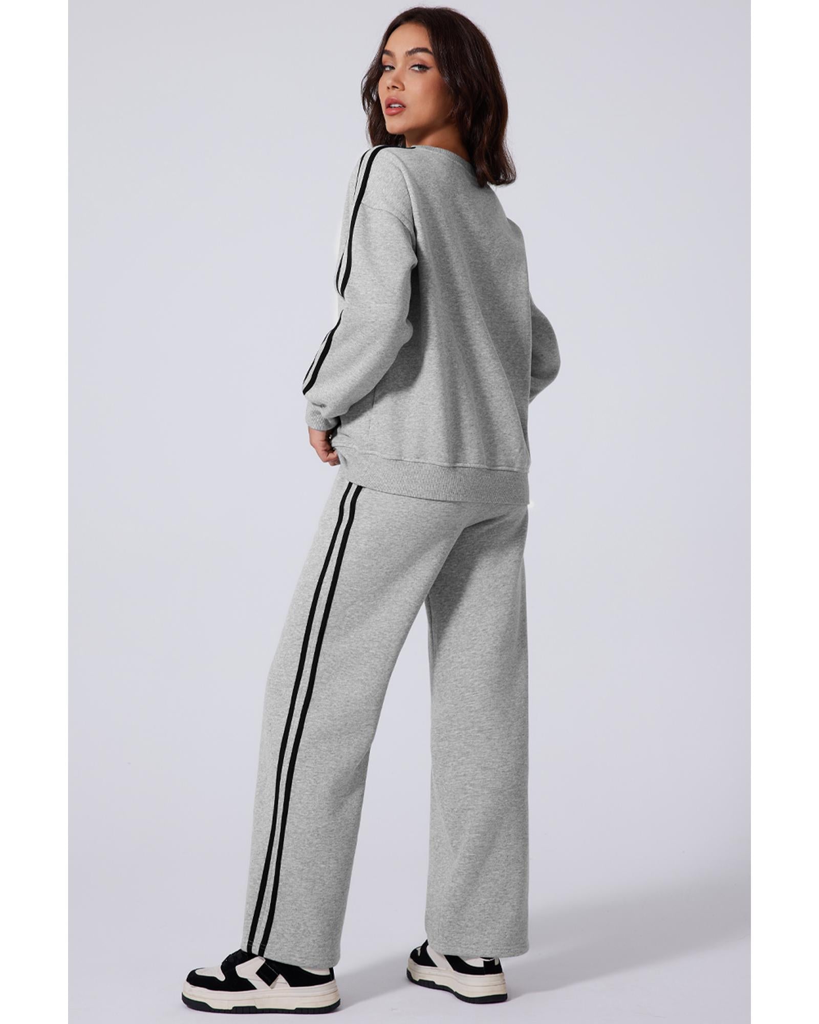 Light Grey Solid Color Side Striped Sweatshirt Active Set - XL