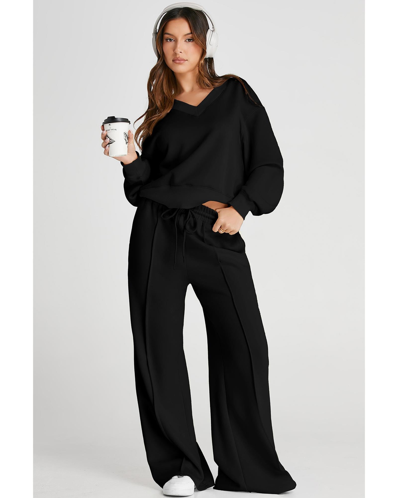 Black V Neck Cropped Seamed High Waist Sports Wear - XL