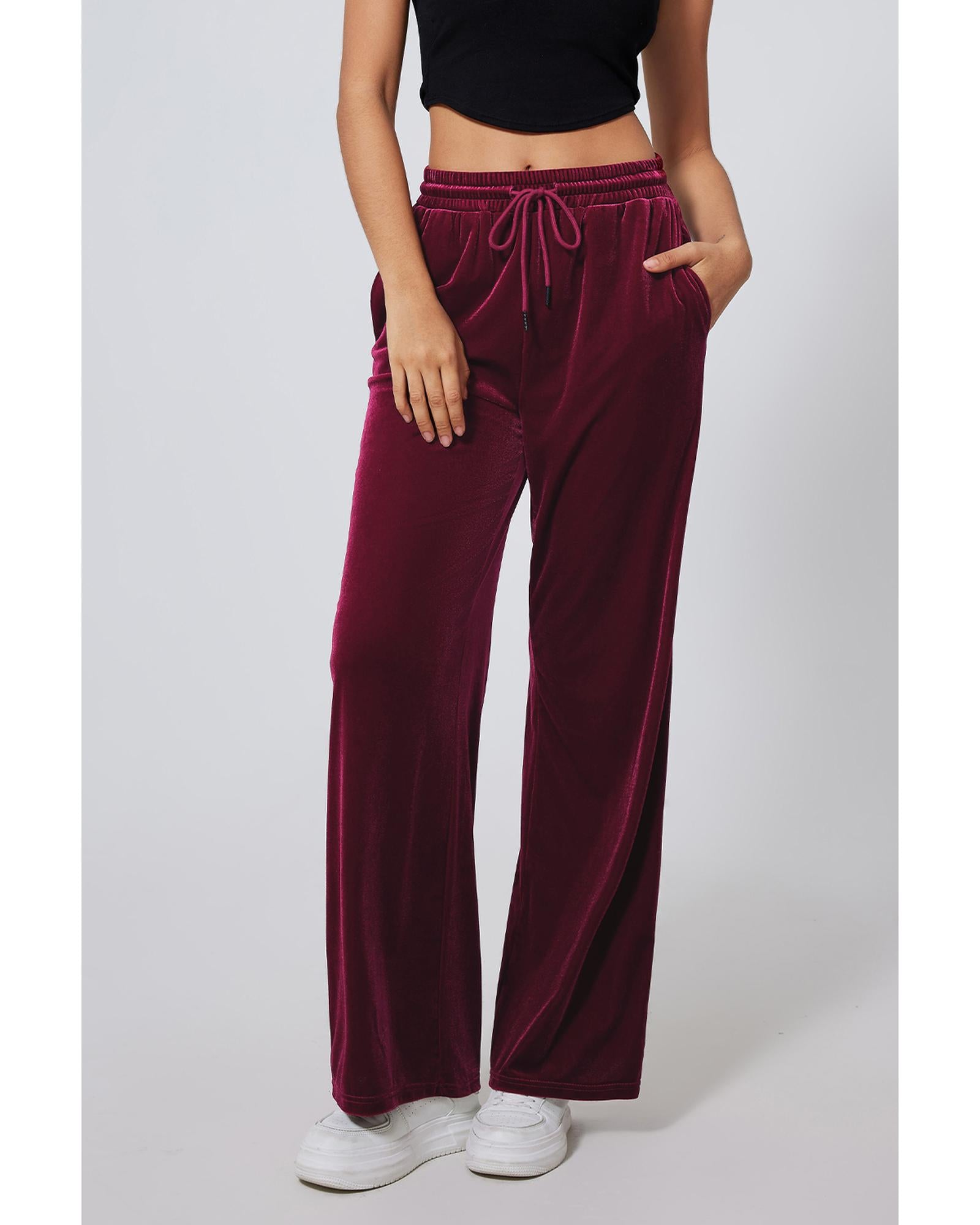Burgundy Solid Drawstring Waist Wide Leg Pants - M