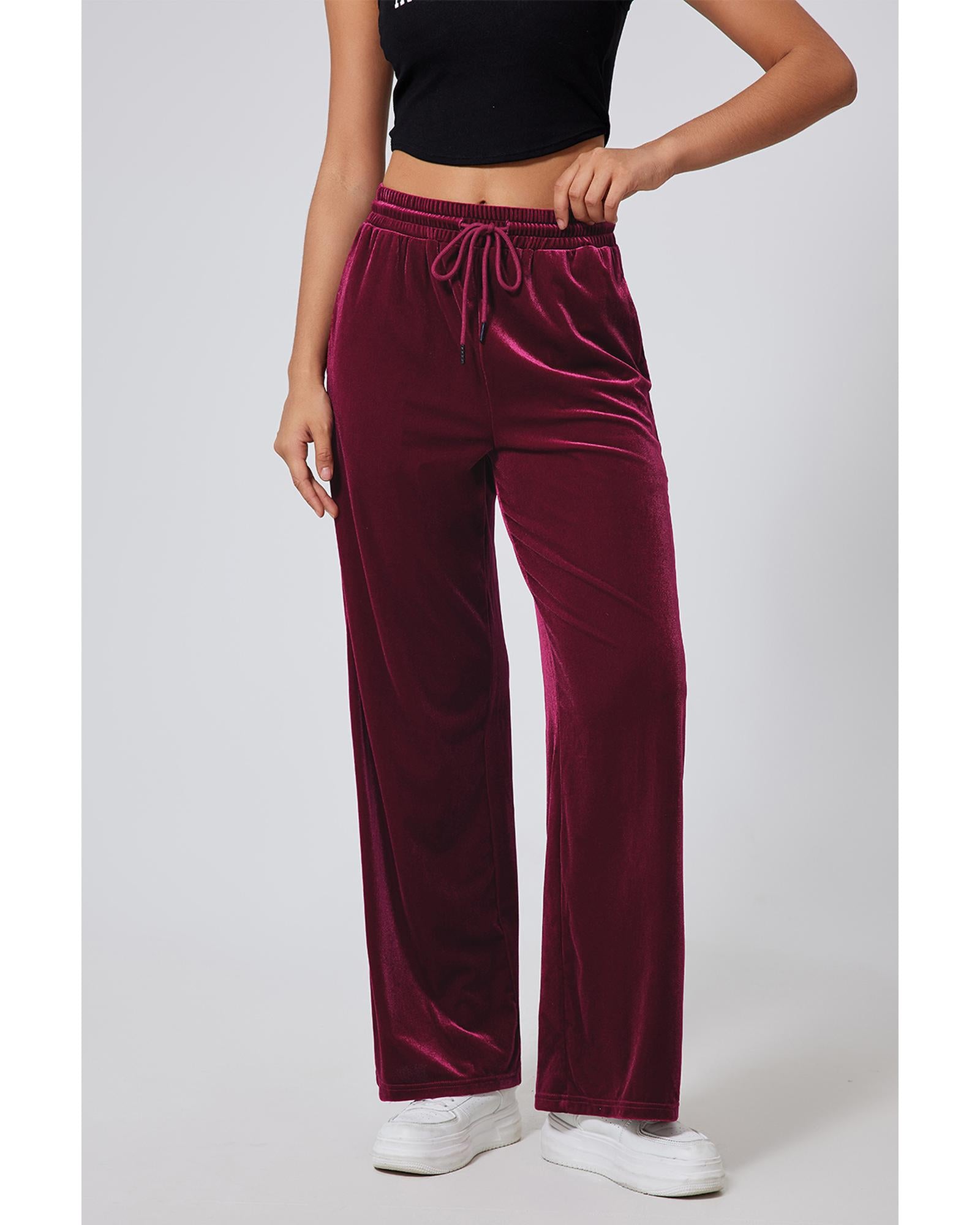 Burgundy Solid Drawstring Waist Wide Leg Pants - M