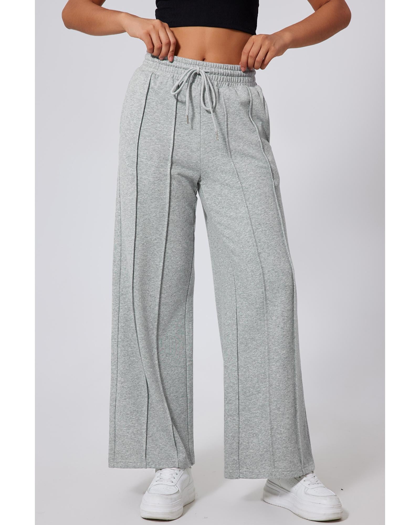 Gray Seamed Drawstring High Waist Wide Leg Sweatpants - M