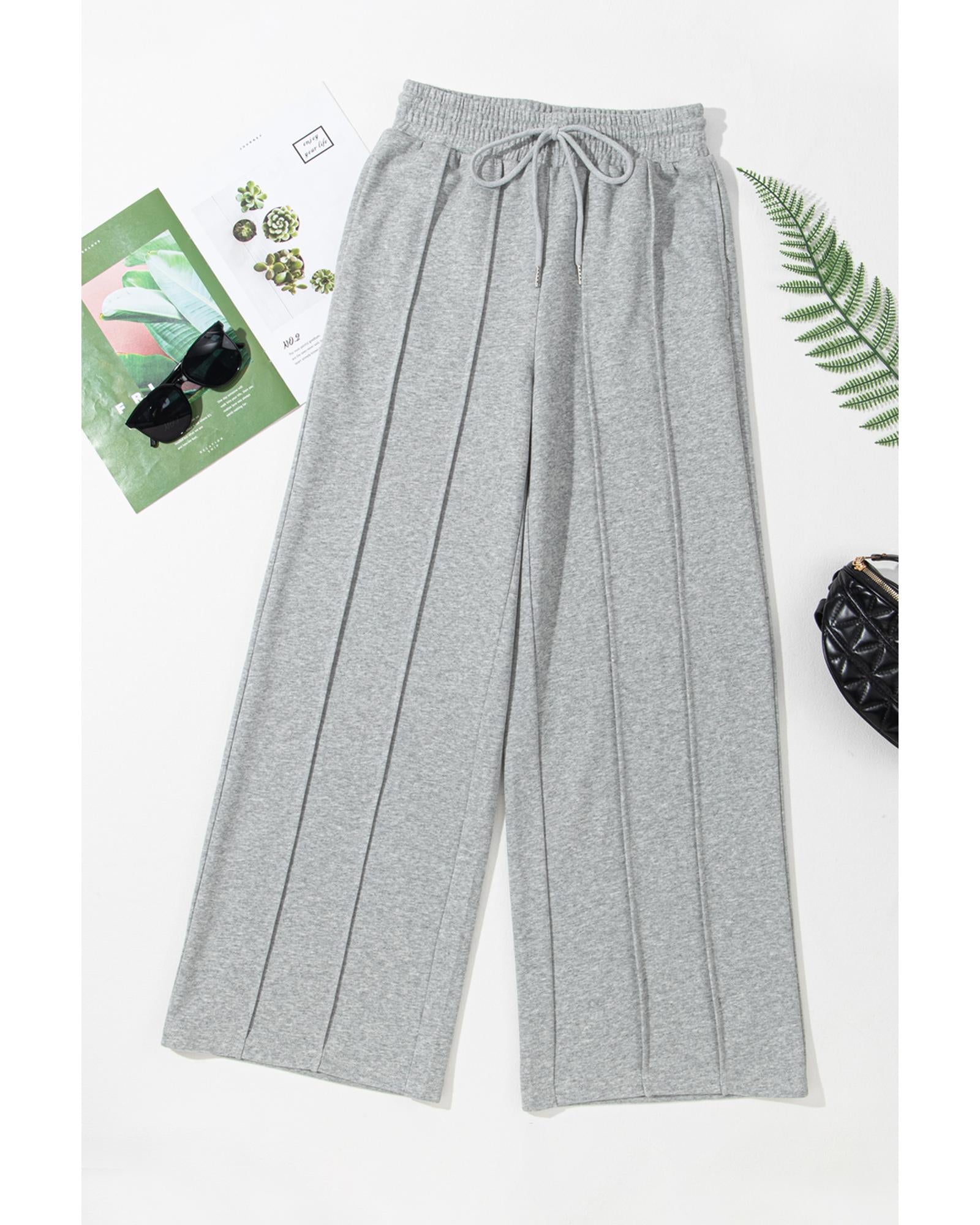 Gray Seamed Drawstring High Waist Wide Leg Sweatpants - M