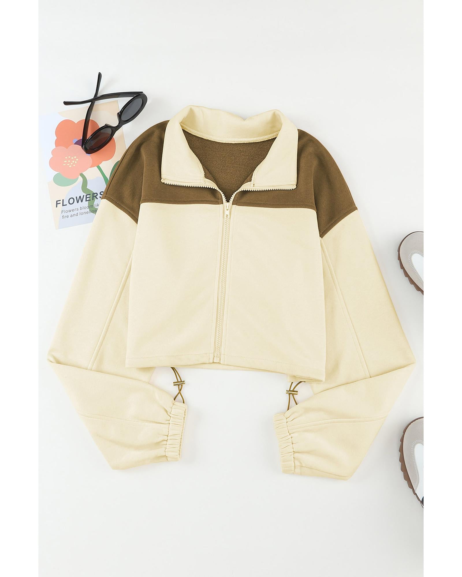 Beige Color Block Drawstring Cropped Athleisure Jacket - M