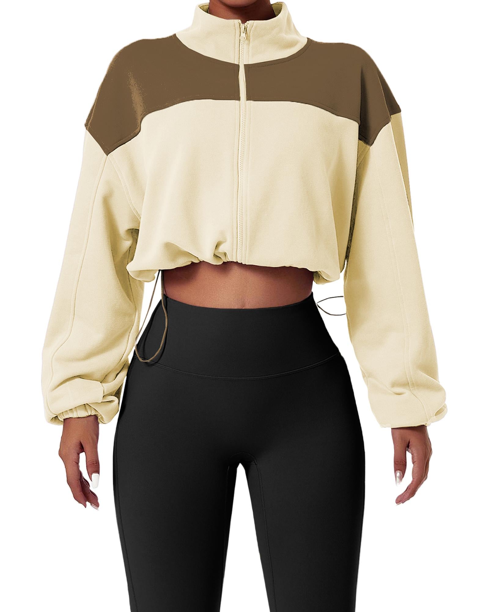 Beige Color Block Drawstring Cropped Athleisure Jacket - M