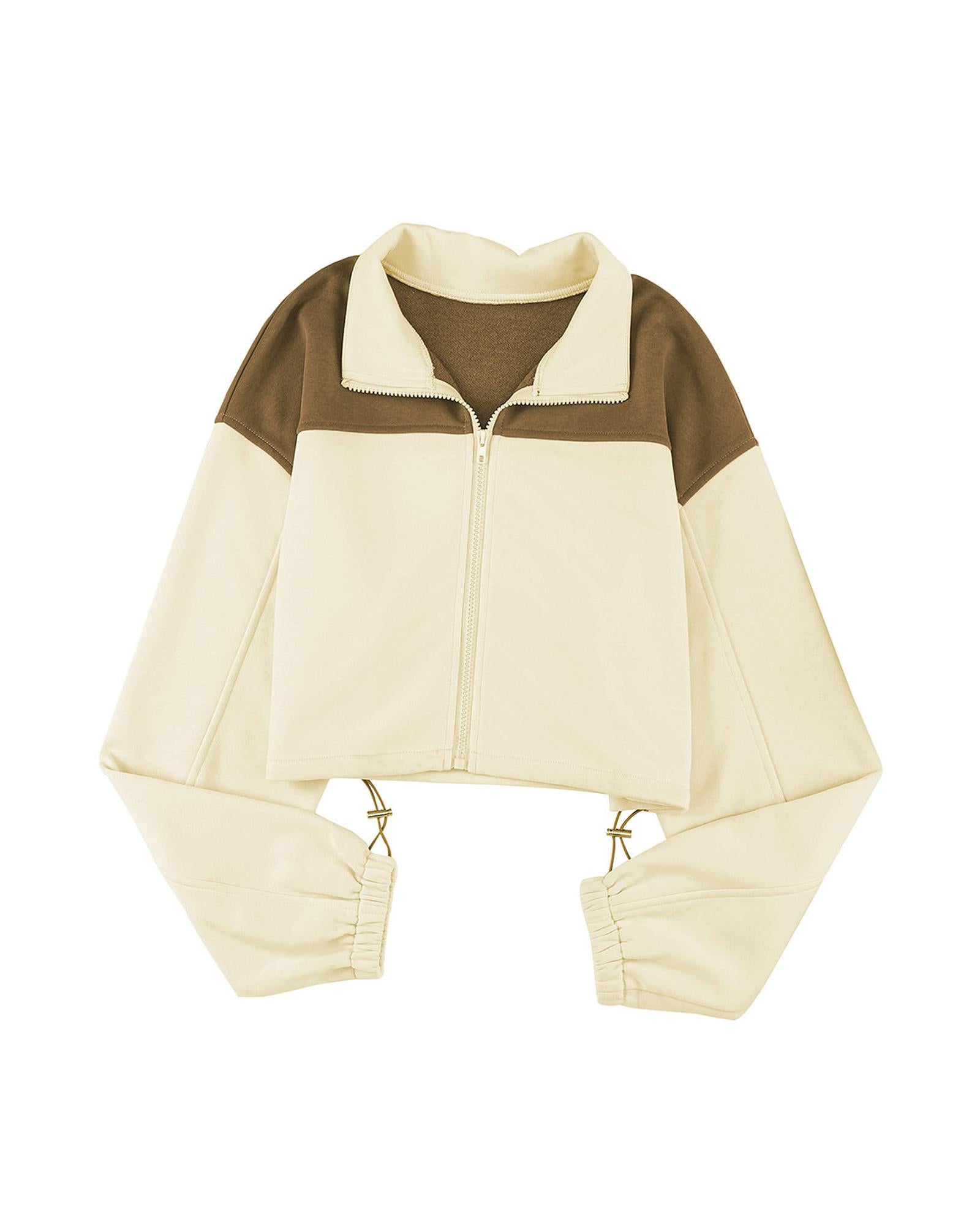 Beige Color Block Drawstring Cropped Athleisure Jacket - M