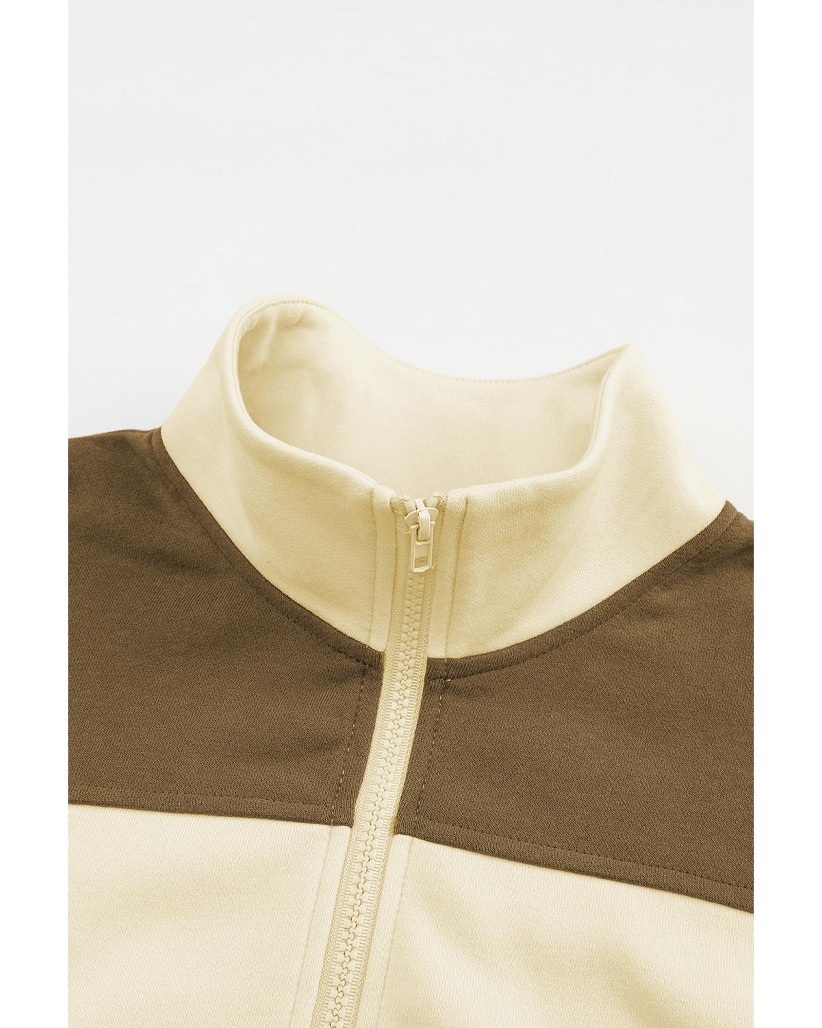 Beige Color Block Drawstring Cropped Athleisure Jacket - S