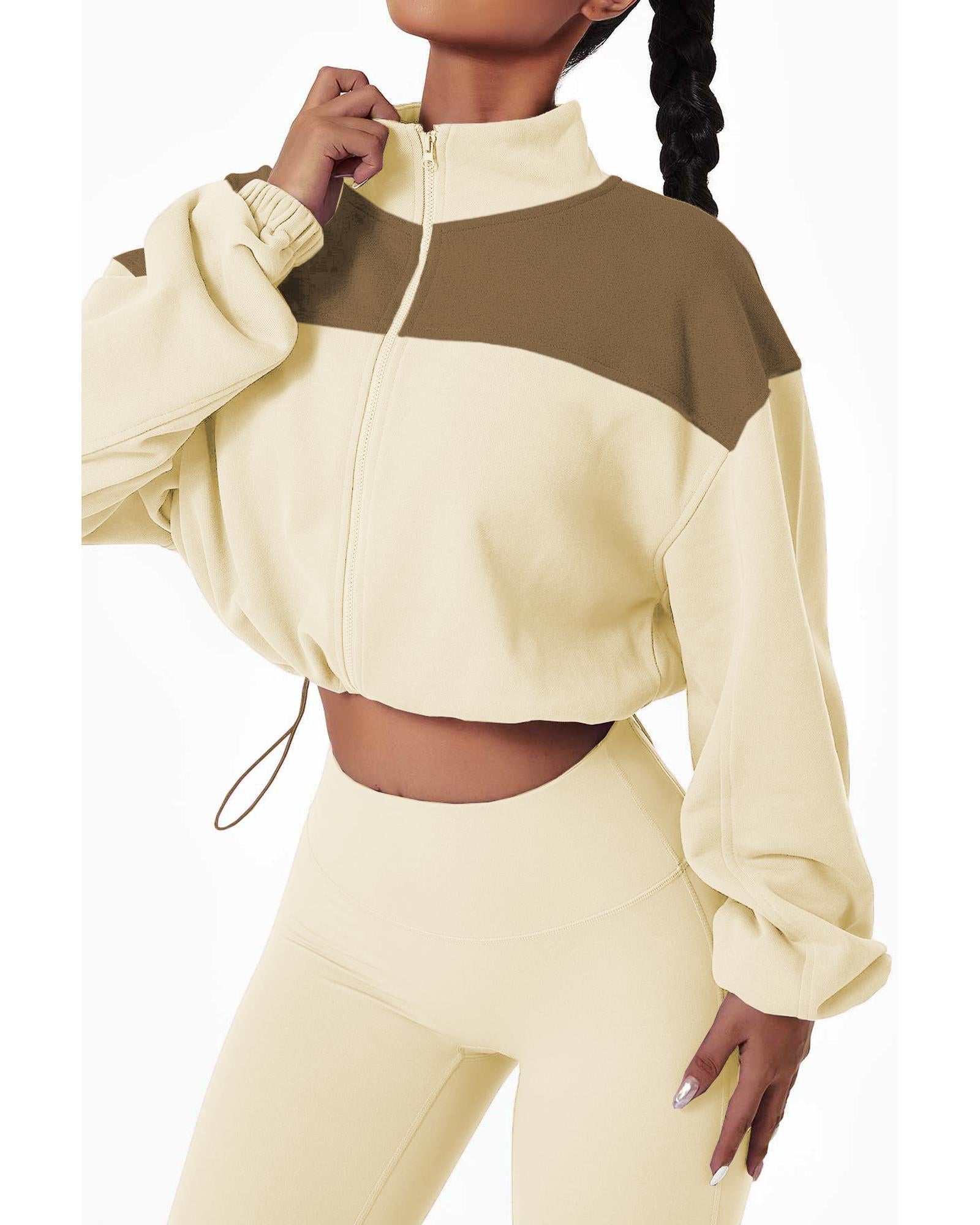 Beige Color Block Drawstring Cropped Athleisure Jacket - S