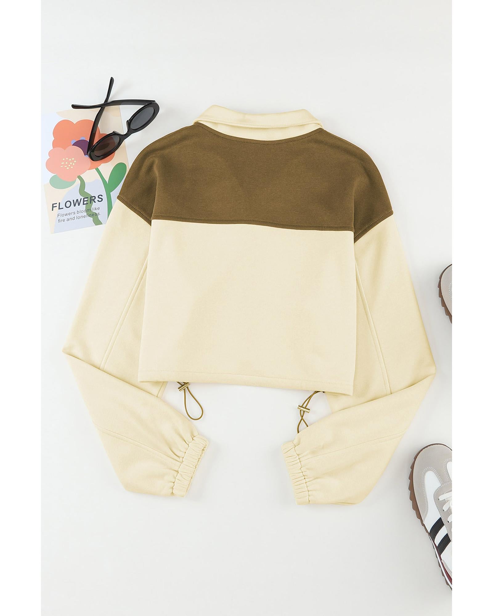 Beige Color Block Drawstring Cropped Athleisure Jacket - XL