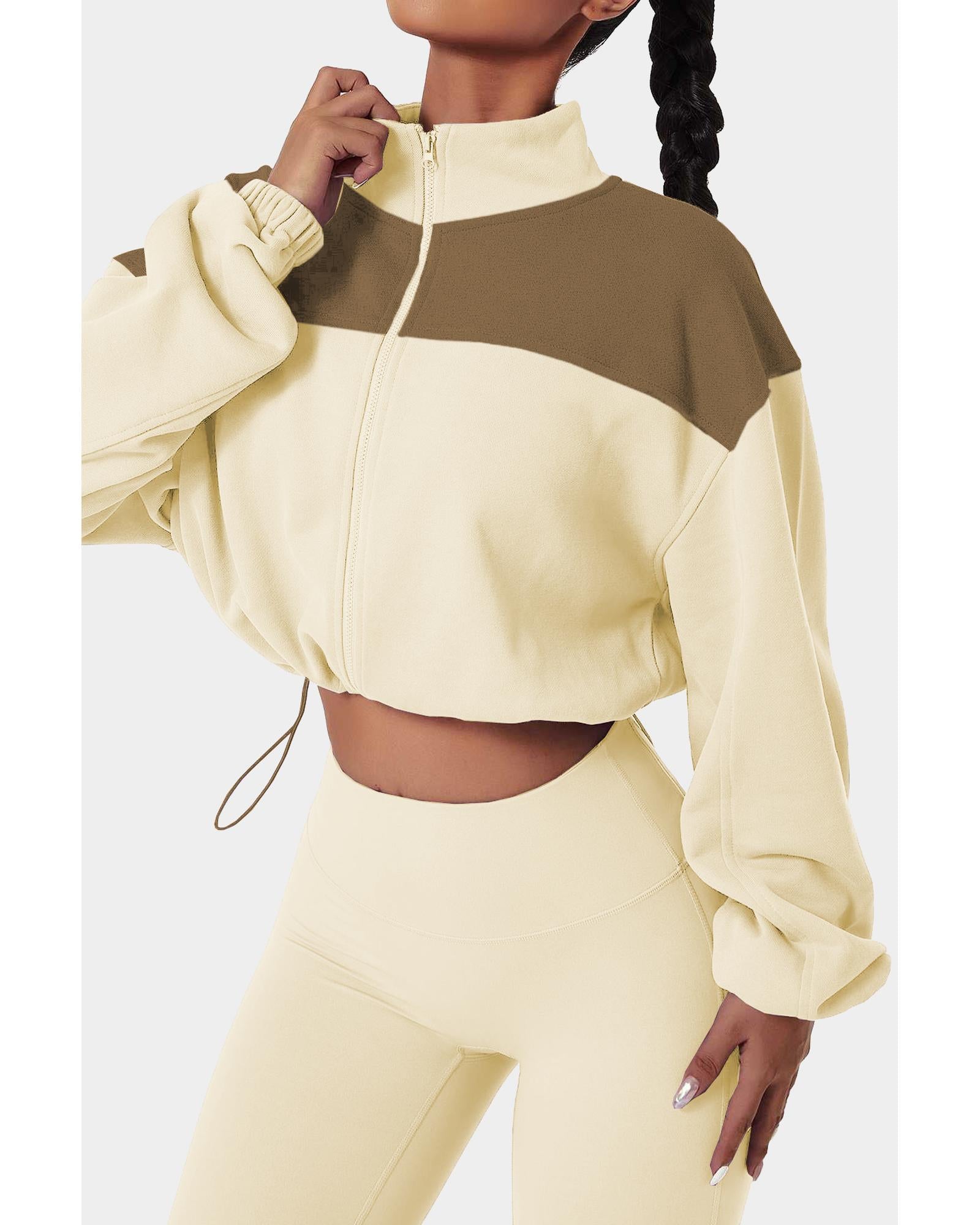 Beige Color Block Drawstring Cropped Athleisure Jacket - XL