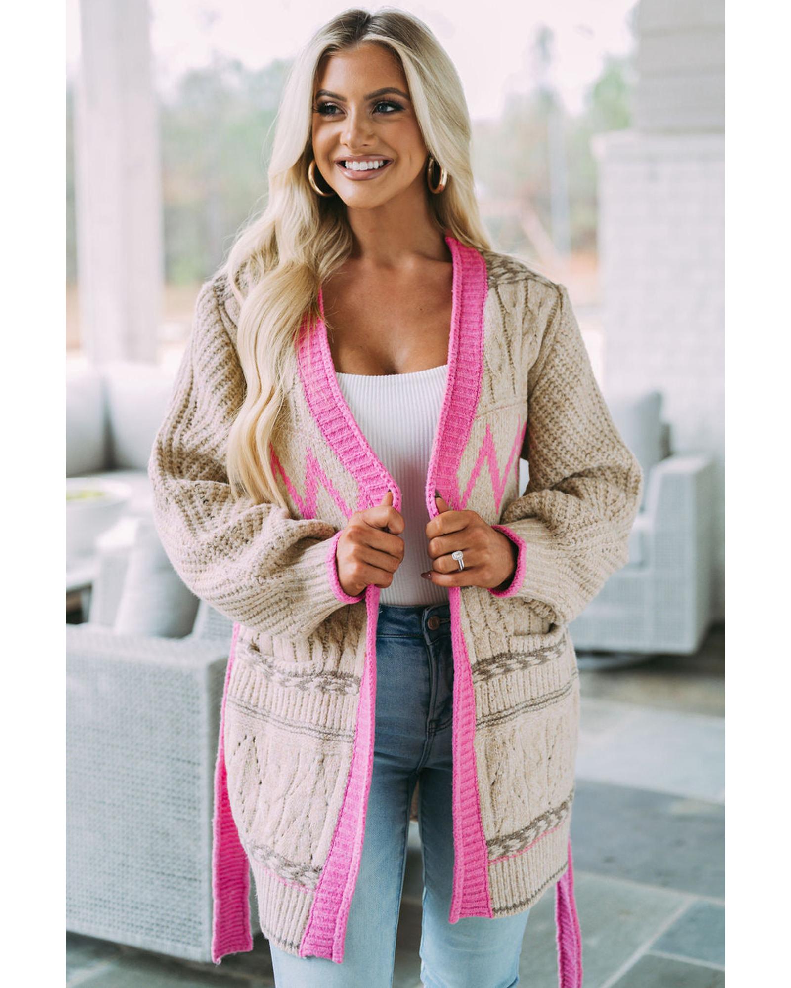 Gray Geometric Cable Knit Pocketed Open Front Cardigan - M