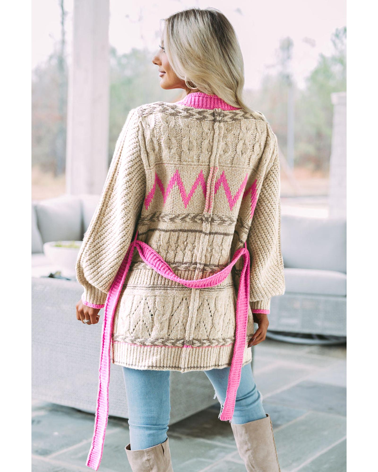 Gray Geometric Cable Knit Pocketed Open Front Cardigan - XL