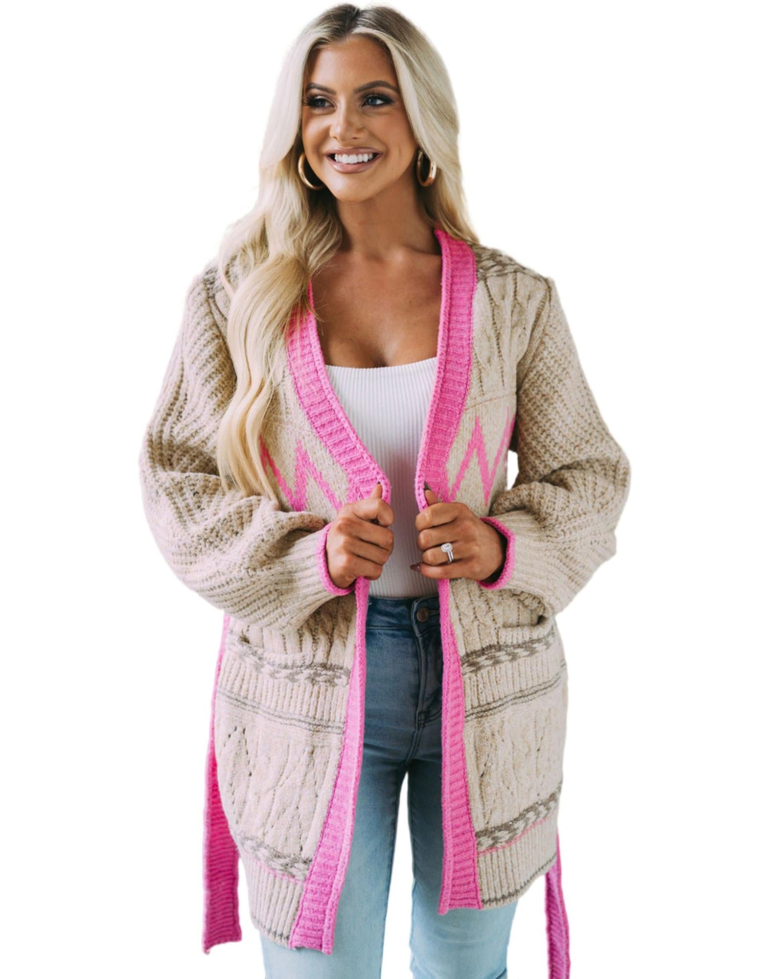 Gray Geometric Cable Knit Pocketed Open Front Cardigan - XL