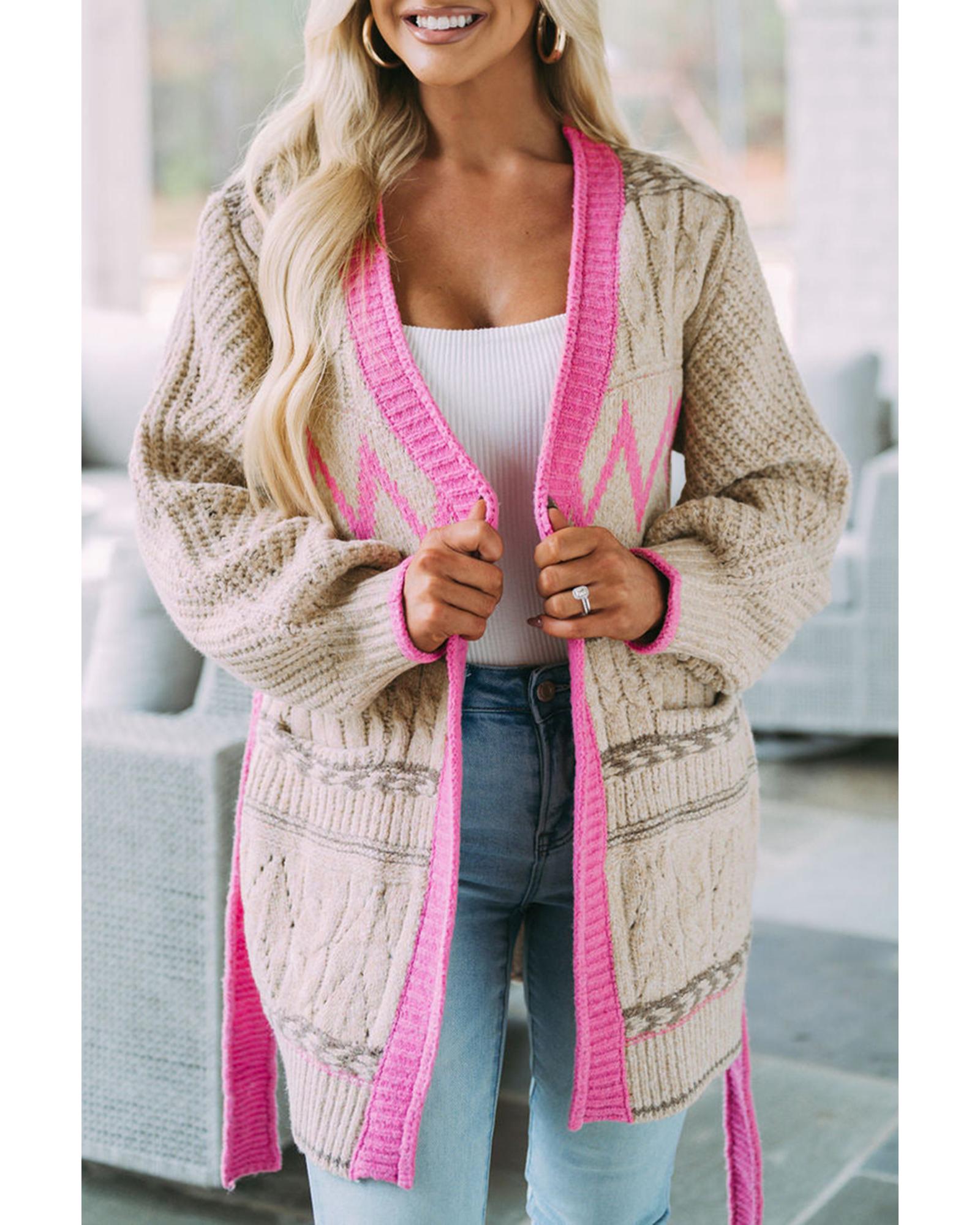 Gray Geometric Cable Knit Pocketed Open Front Cardigan - XL
