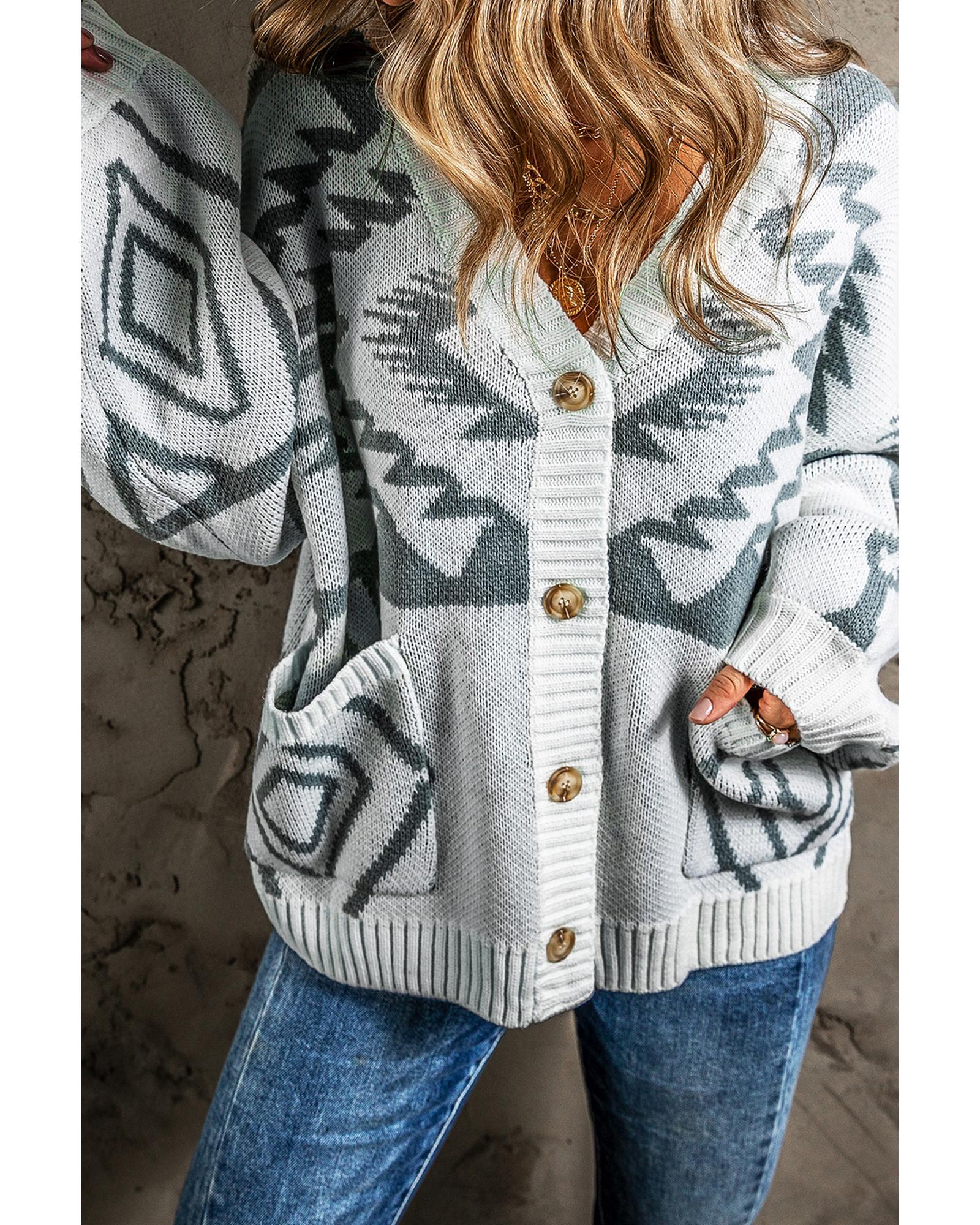 Light Grey Geometric Pattern Ribbed Trim Button-Up Cardigan - M