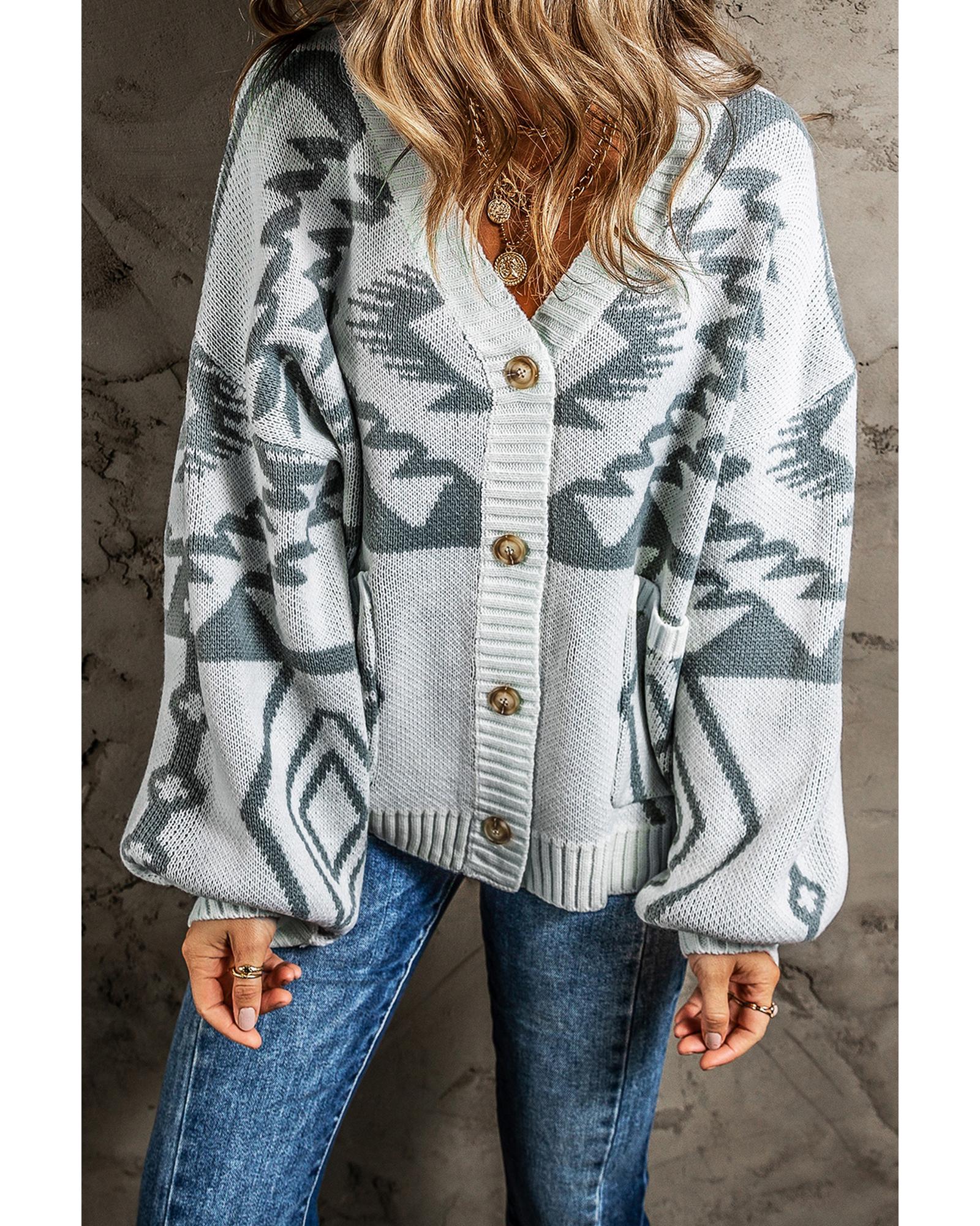 Light Grey Geometric Pattern Ribbed Trim Button-Up Cardigan - M