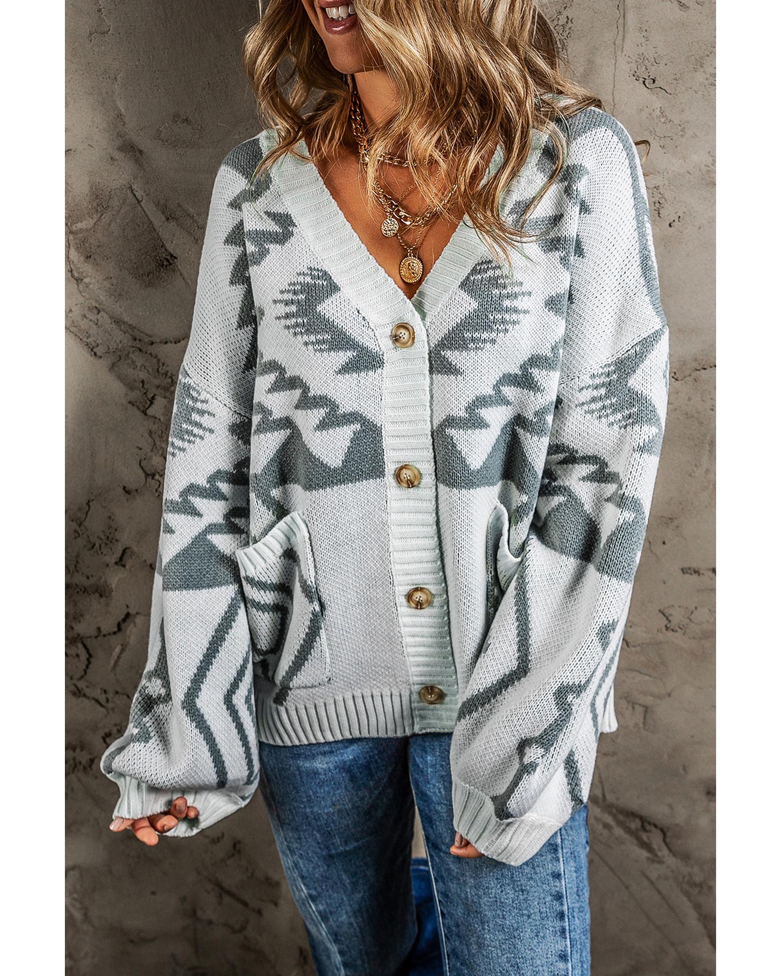 Light Grey Geometric Pattern Ribbed Trim Button-Up Cardigan - M