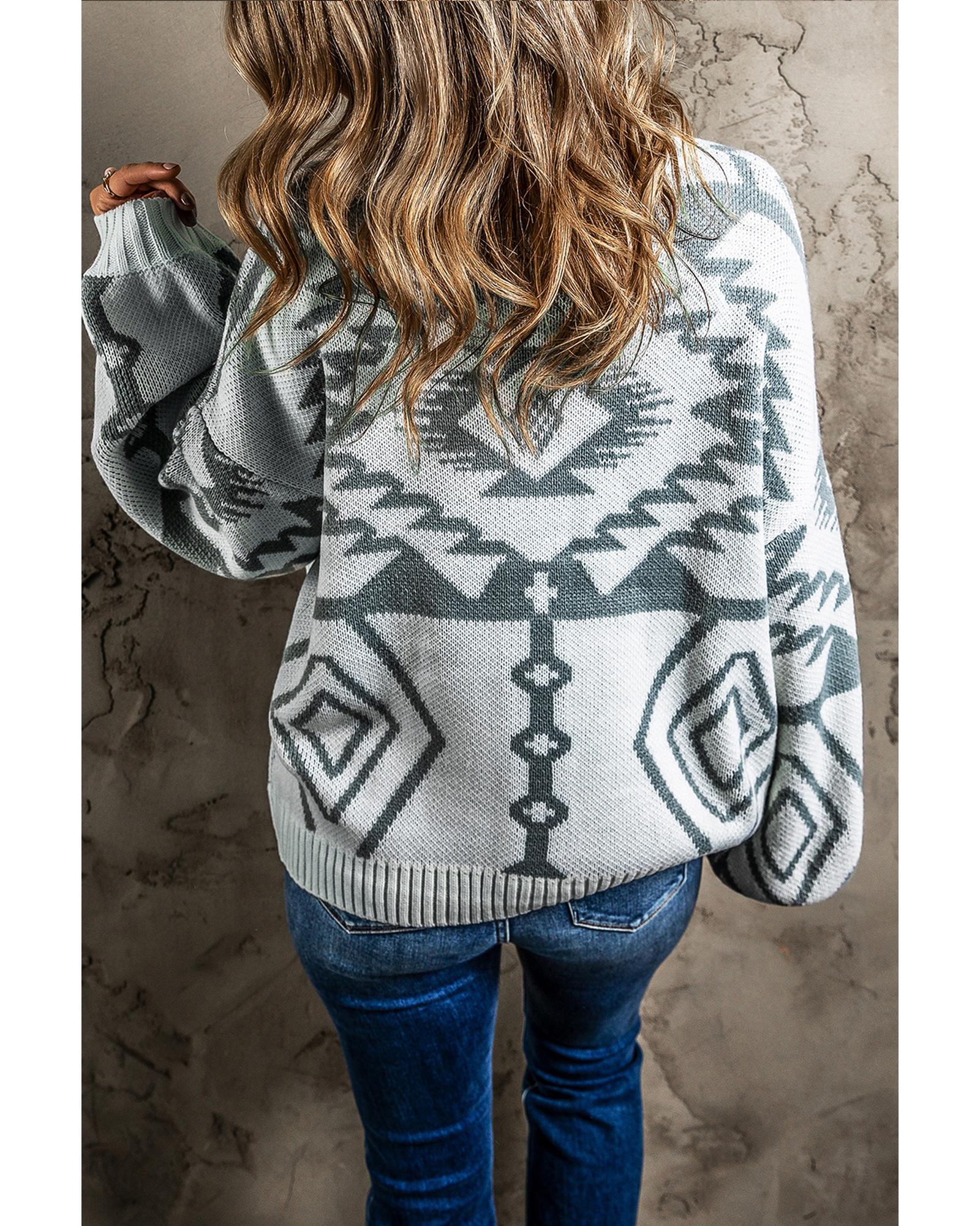 Light Grey Geometric Pattern Ribbed Trim Button-Up Cardigan - M
