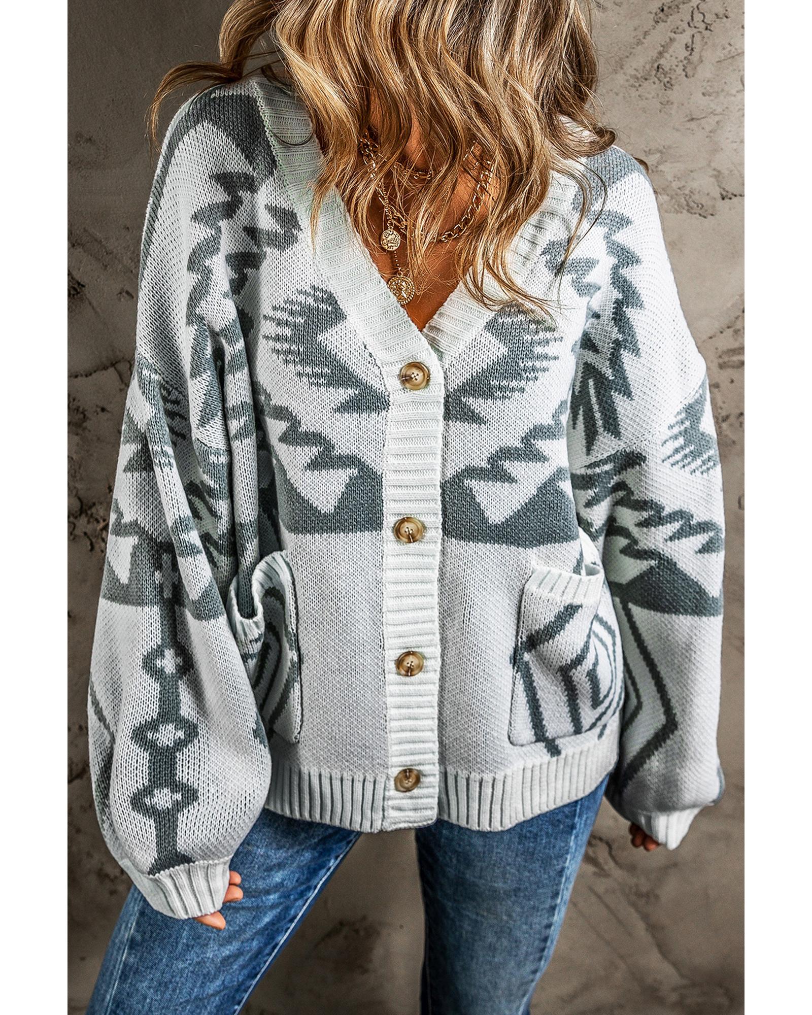 Light Grey Geometric Pattern Ribbed Trim Button-Up Cardigan - M