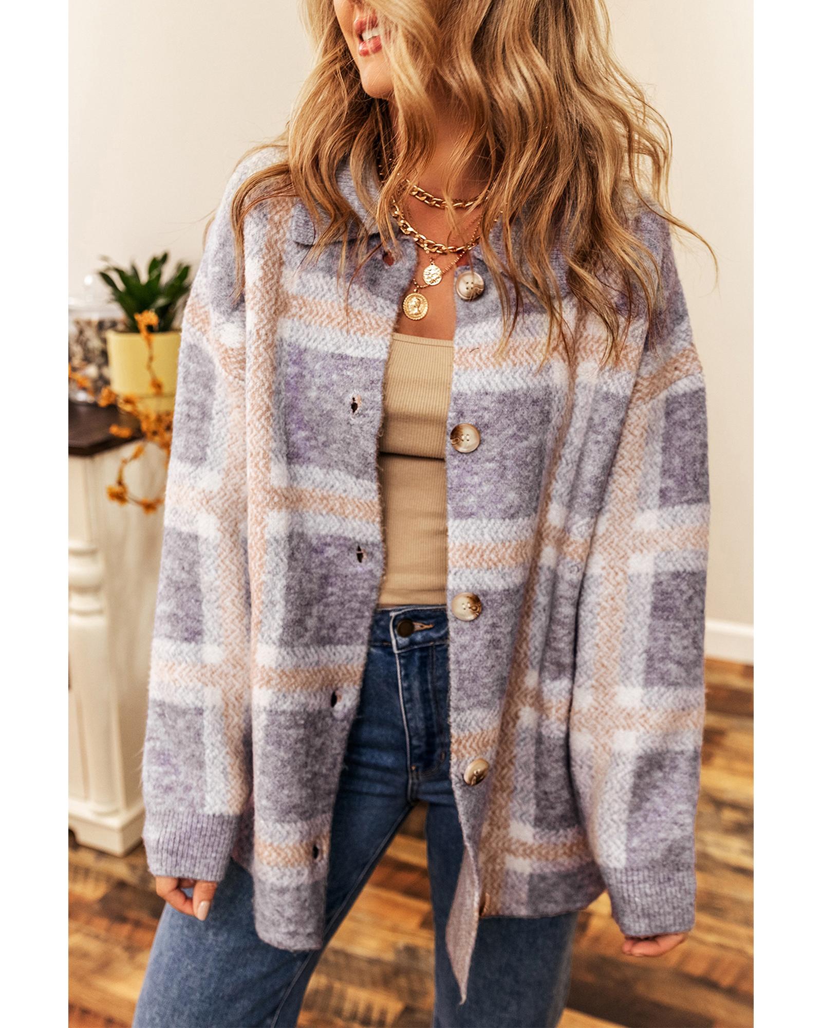 Sky Blue Fuzzy Plaid Collared Button Up Cardigan - L