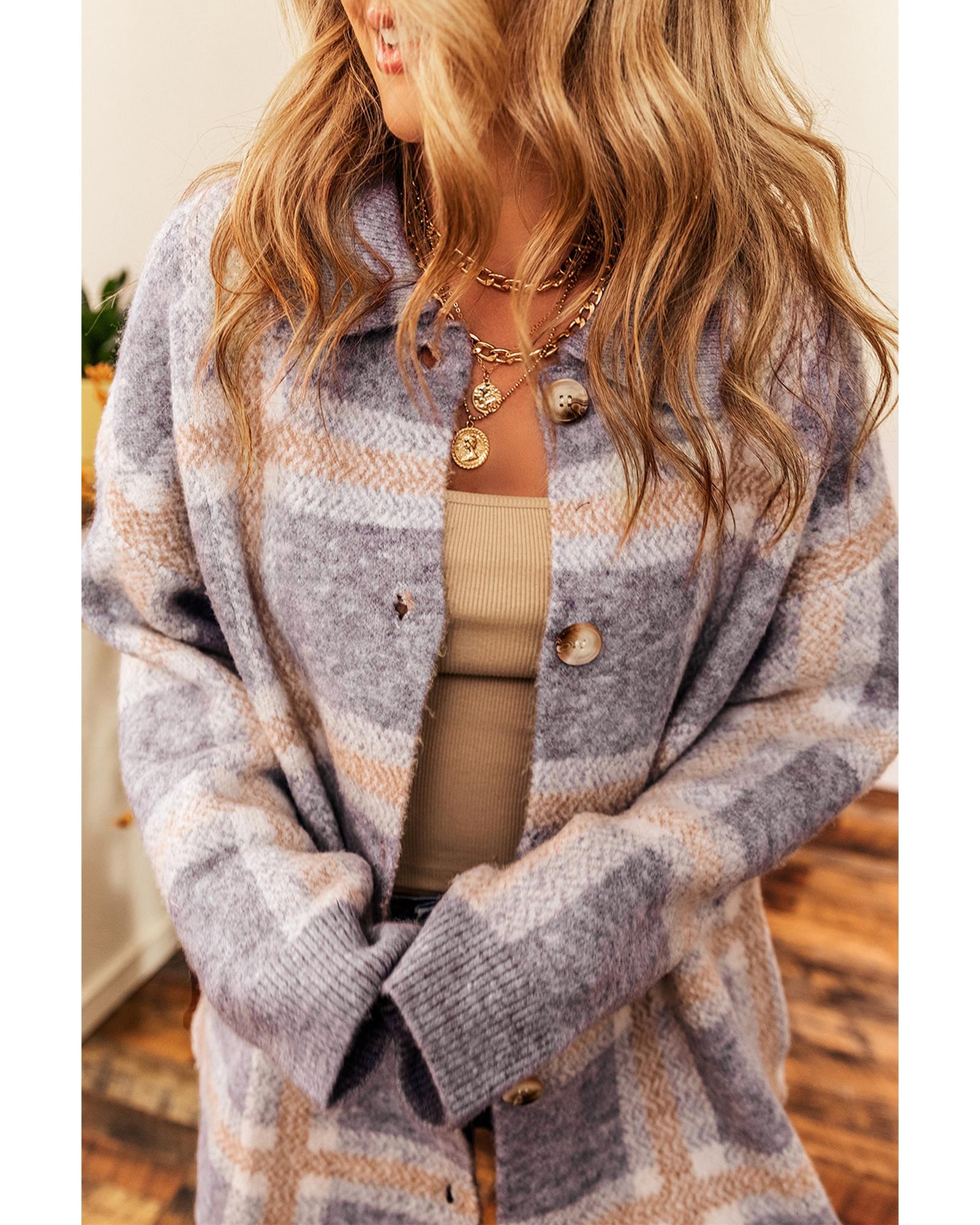 Sky Blue Fuzzy Plaid Collared Button Up Cardigan - L