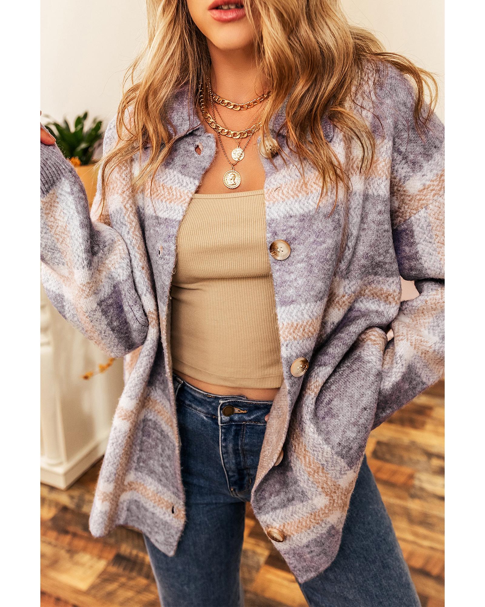Sky Blue Fuzzy Plaid Collared Button Up Cardigan - L