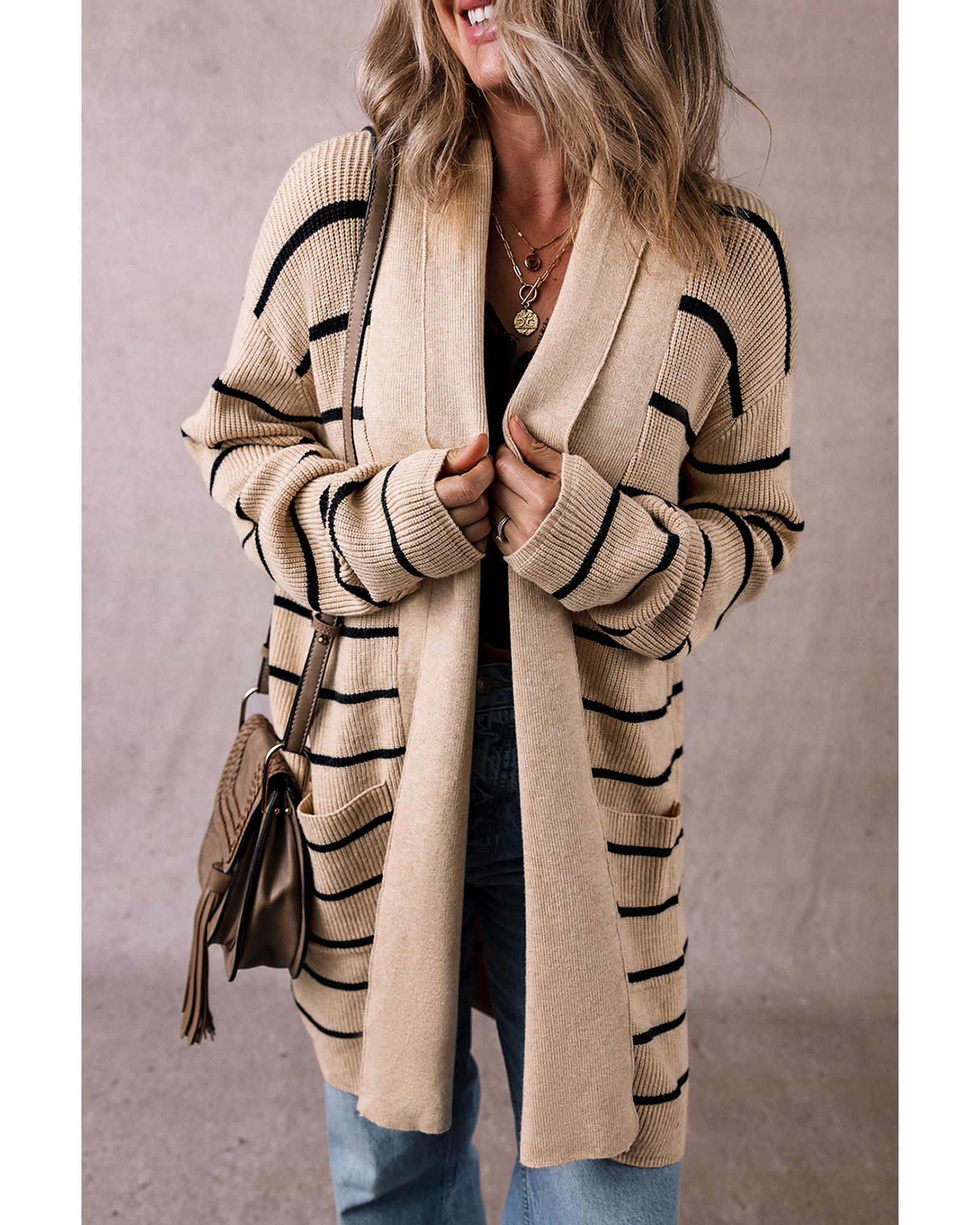 Black Stripe Shawl Neckline Open Cardigan with Pockets - XL