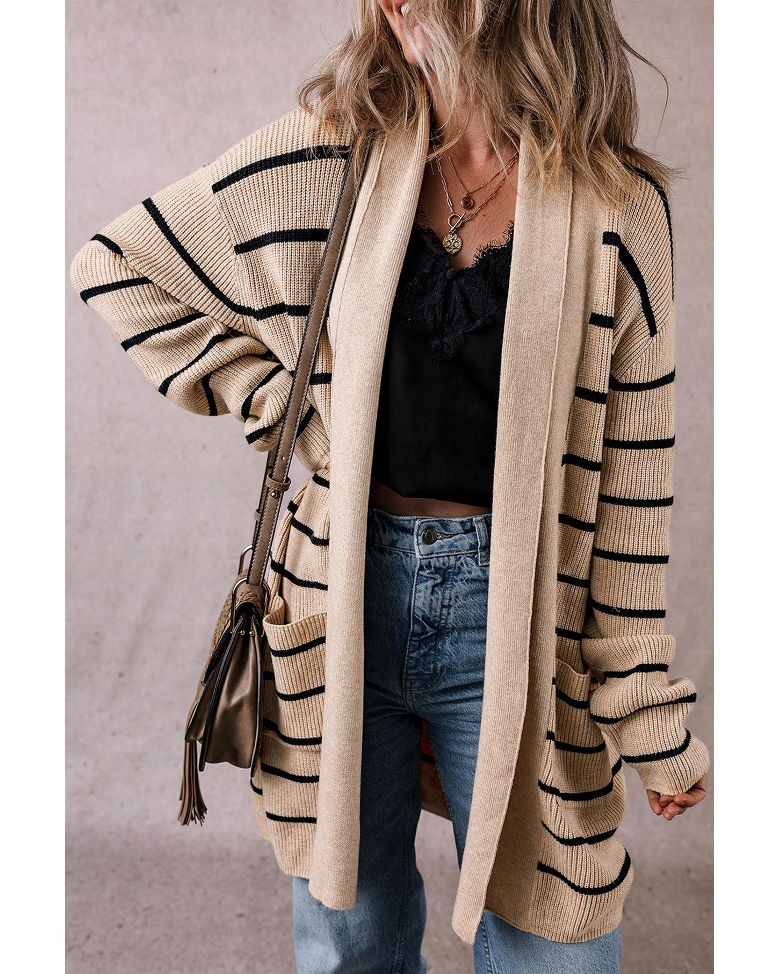 Black Stripe Shawl Neckline Open Cardigan with Pockets - XL