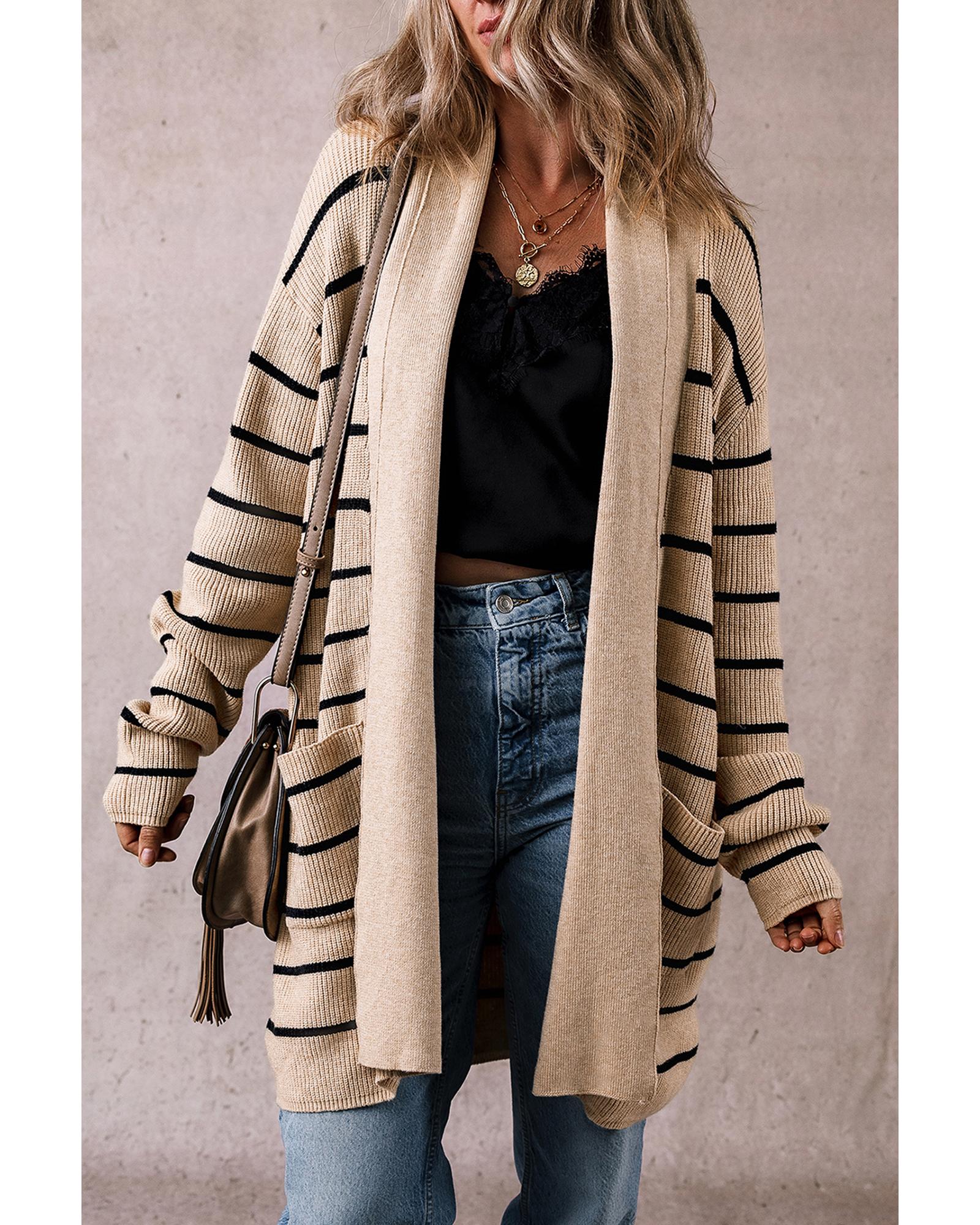 Black Stripe Shawl Neckline Open Cardigan with Pockets - XL