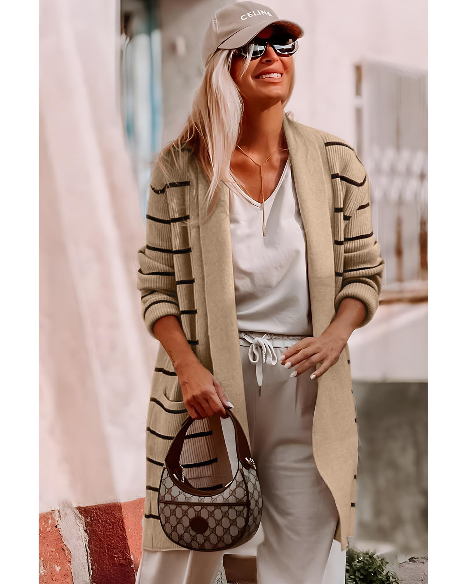 Black Stripe Shawl Neckline Open Cardigan with Pockets - XL