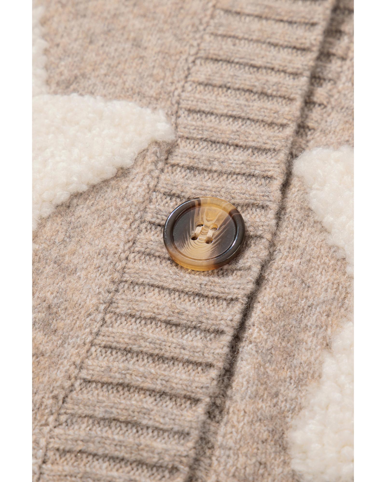 Khaki Sherpa Star Pattern Textured Sweater Cardigan with Pockets - M