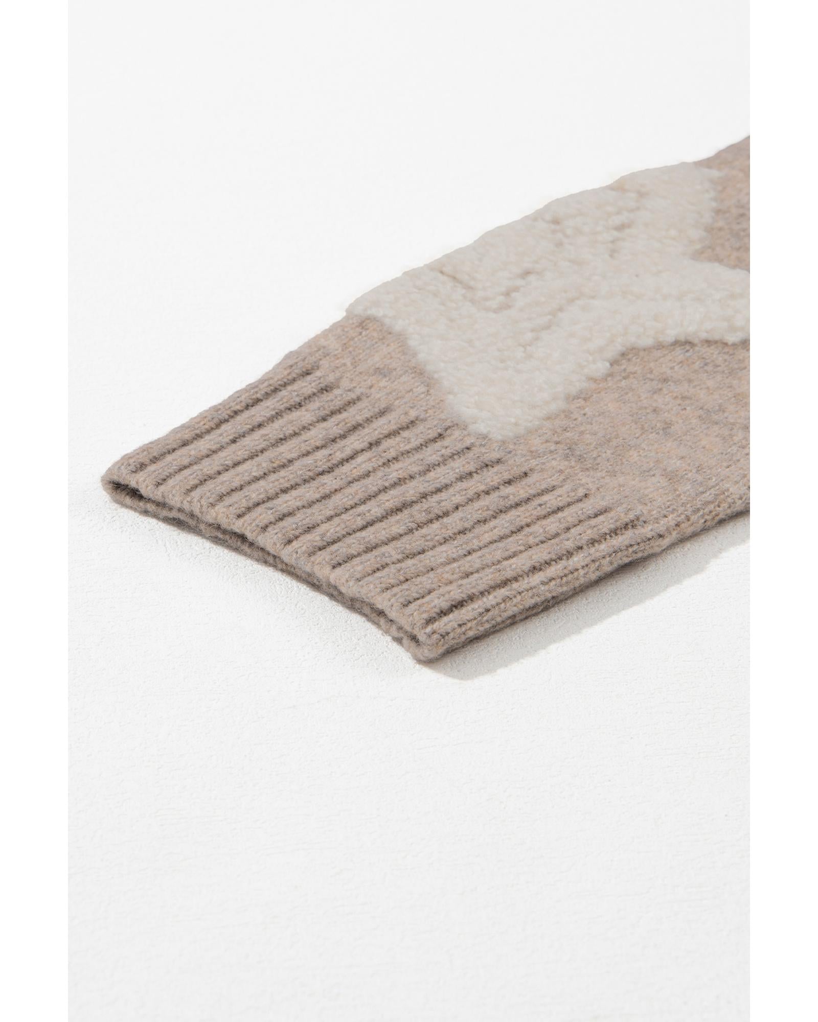 Khaki Sherpa Star Pattern Textured Sweater Cardigan with Pockets - M