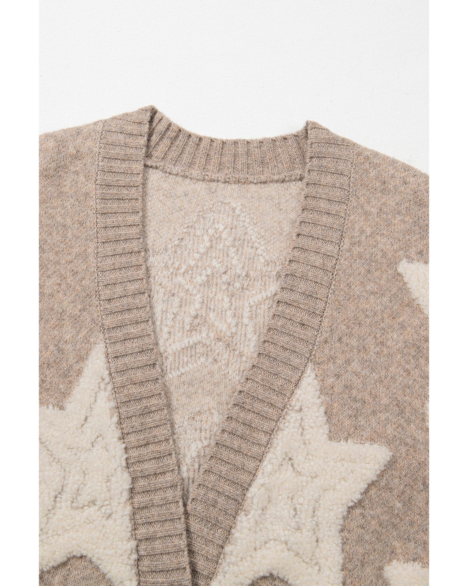 Khaki Sherpa Star Pattern Textured Sweater Cardigan with Pockets - M