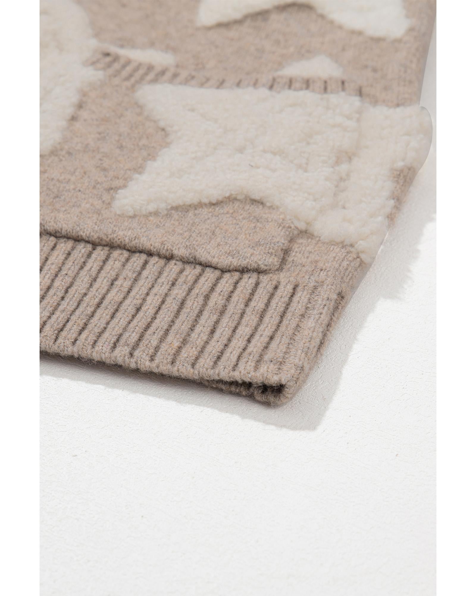 Khaki Sherpa Star Pattern Textured Sweater Cardigan with Pockets - M